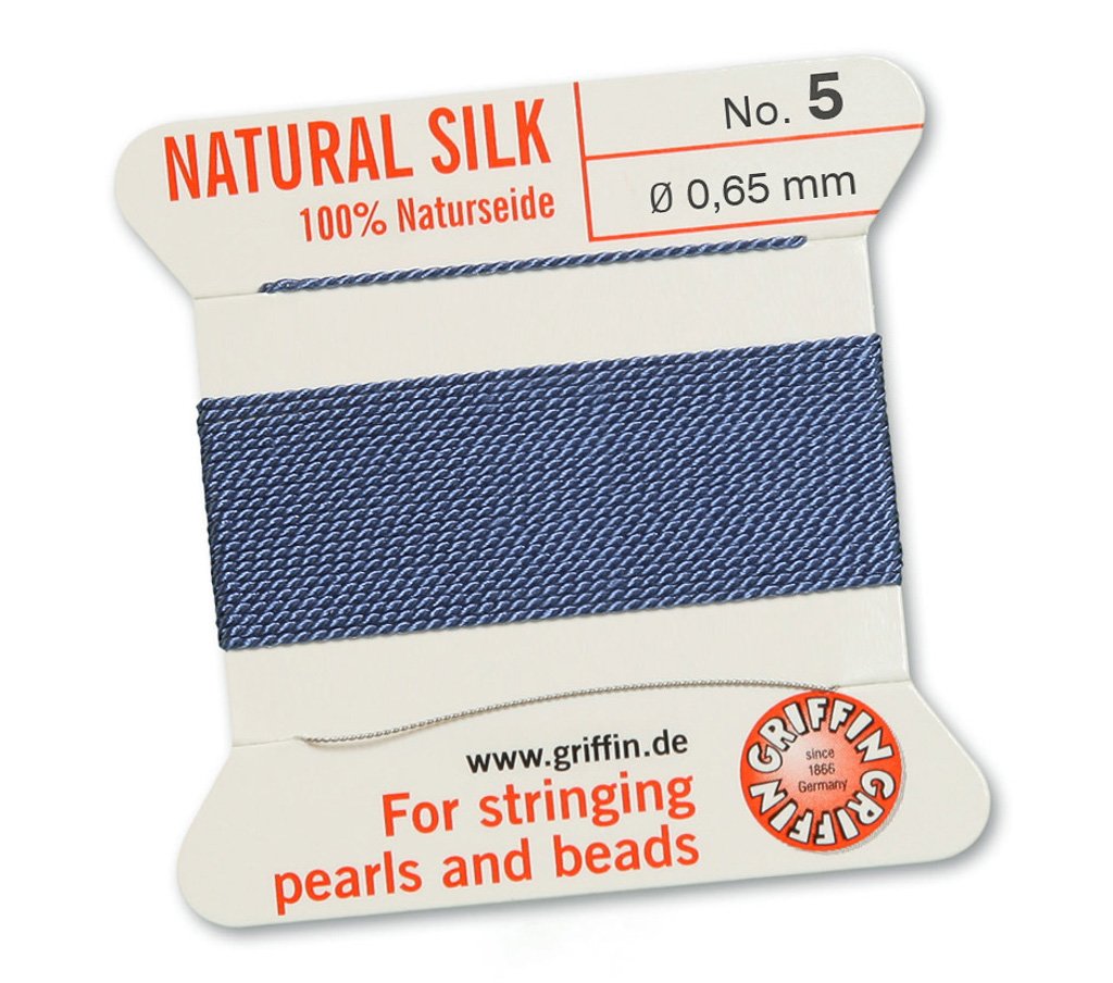 GRIFFIN 100% Natural Silk Beading Cord String Thread - Blue - 2 metres with one needle - Size 0.65mm
