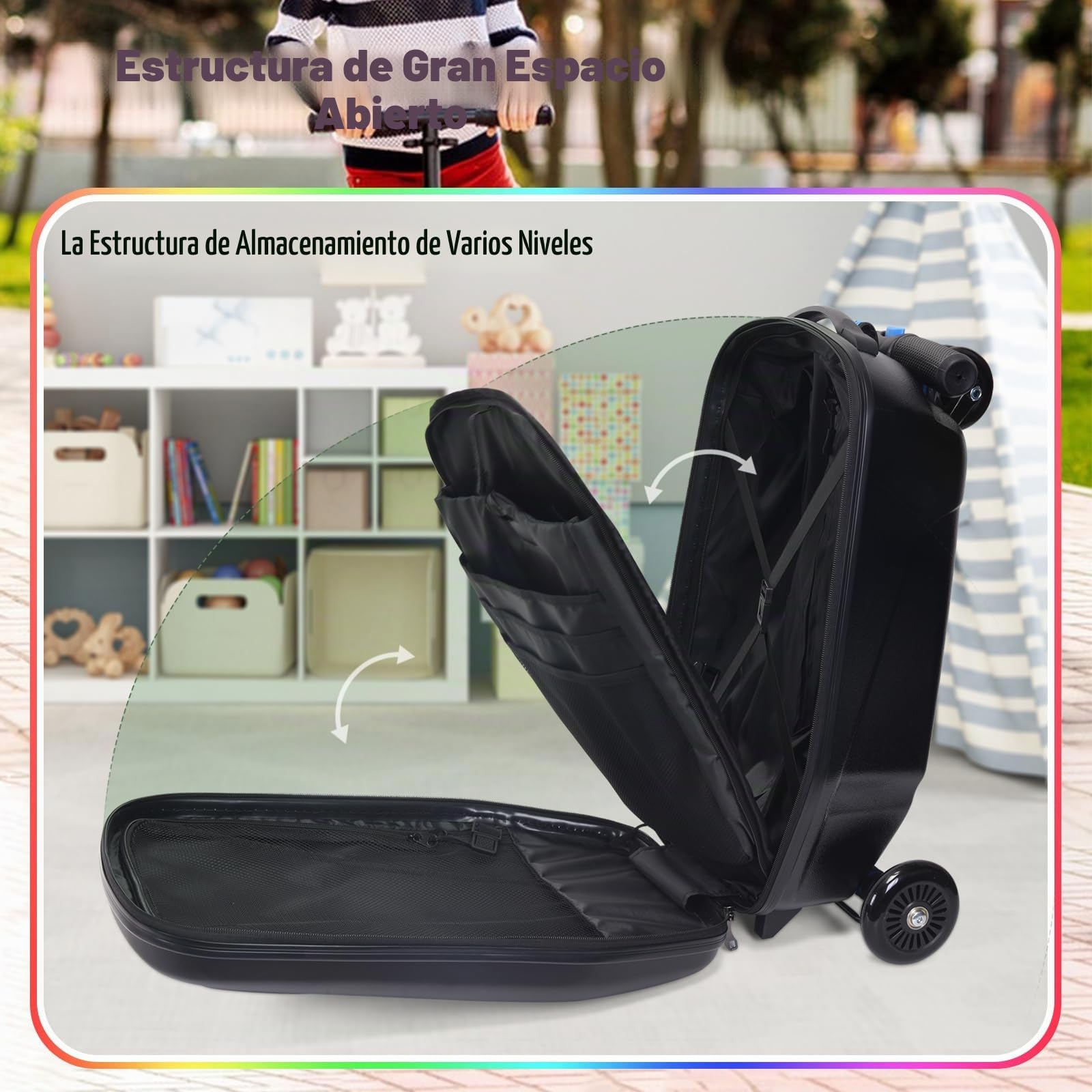 Maleta para patinete infantil 2 en 1 de viaje, maleta de mano plegable con 3 ruedas, color negro