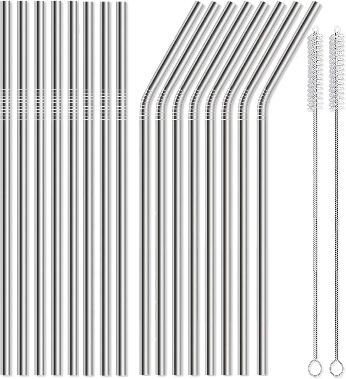 16 Pack of Reusable Stainless Steel Metal Straws, 8 Straight + 8 Bent 8.5 Inch Metal Straws with 2 Cleaning Brushes Dishwasher Safe