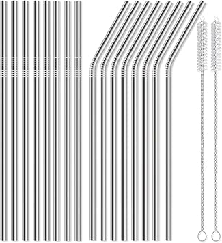 16 Pack of Reusable Stainless Steel Metal Straws, 8 Straight + 8 Bent 8.5 Inch Metal Straws with 2 Cleaning Brushes Dishwasher Safe