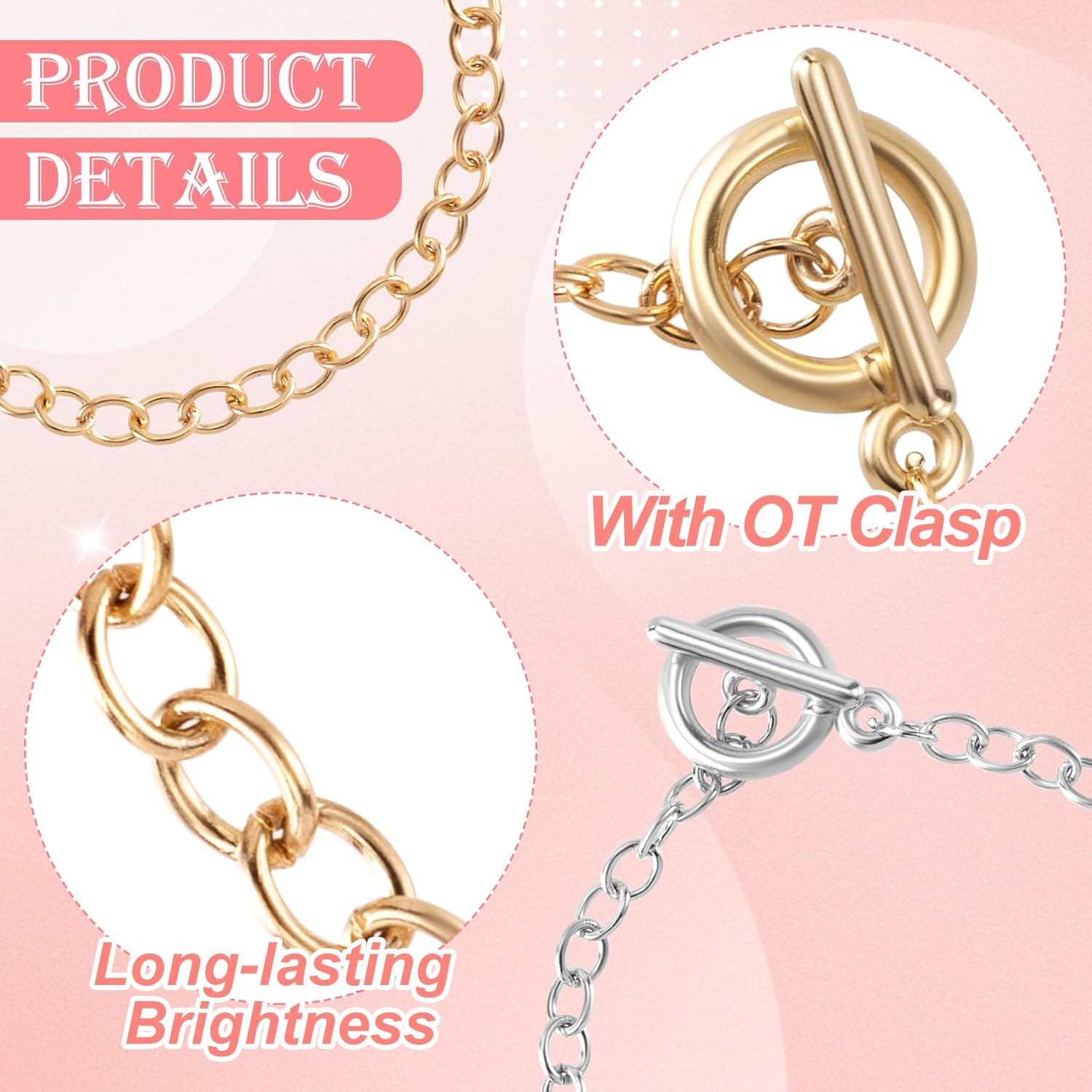 6 PCS Bracelet Chain for Jewelry Making, Alloy Chain Link Bracelet with OT Buckles for Women Men, Simple Charm Chain Bracelet for Daily, Party, DIY Crafts - Gold, Silver - Image 3