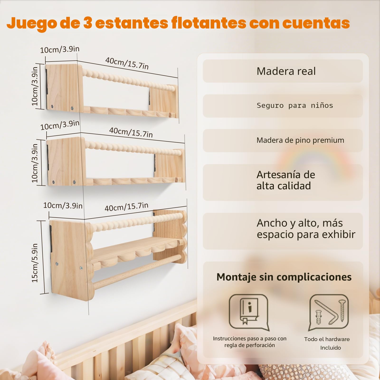 Estantería infantil de pared, juego de 3 unidades de 40 cm, para habitación infantil, con pantalla para colgar fotos