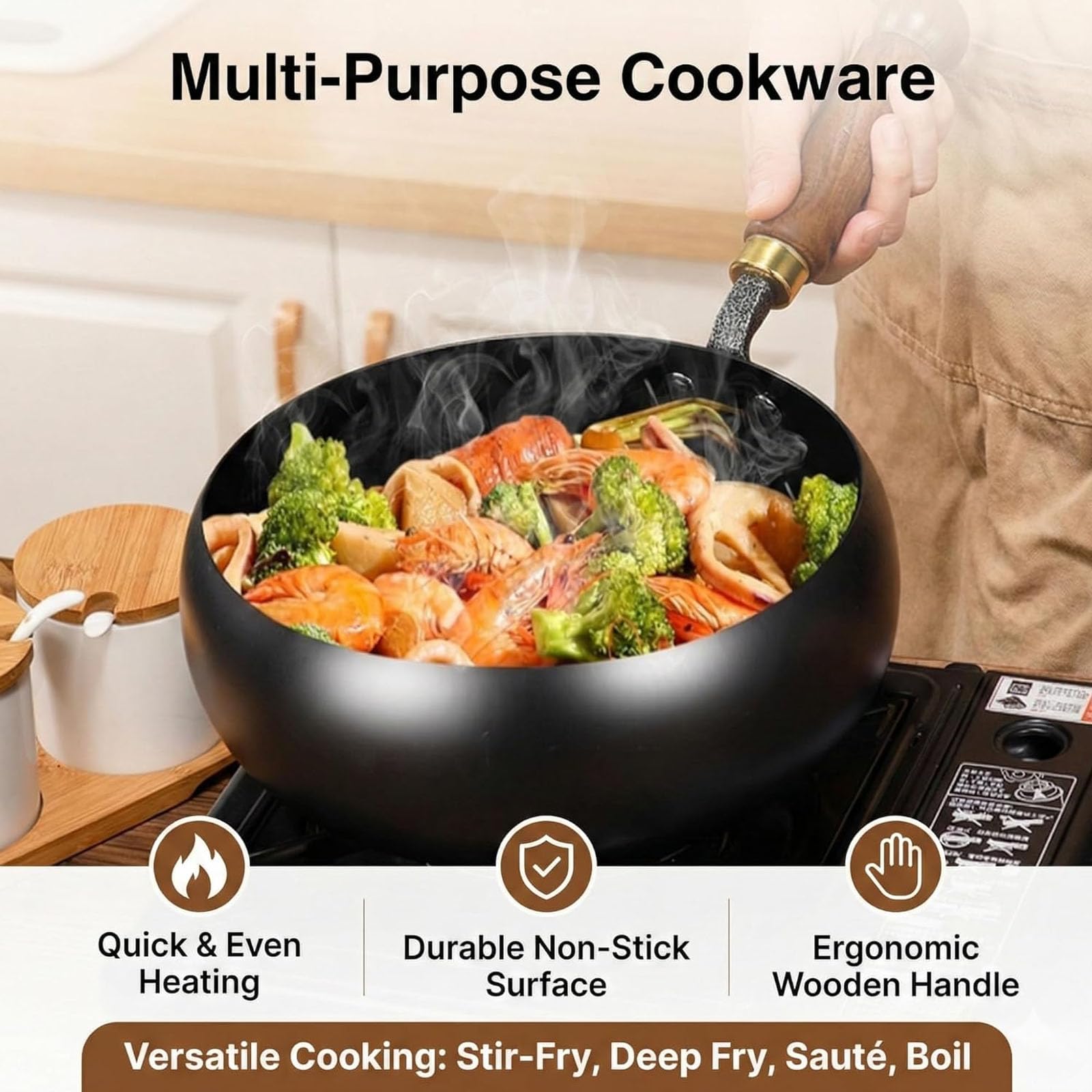 Pannella Wok giapponese in ghisa, pentola sana non rivestita con coperchio, Woks in acciaio al carbonio tradizionale, padelle antiaderenti martellate a mano fatte in Giappone, per Smooth-Surface 26cm