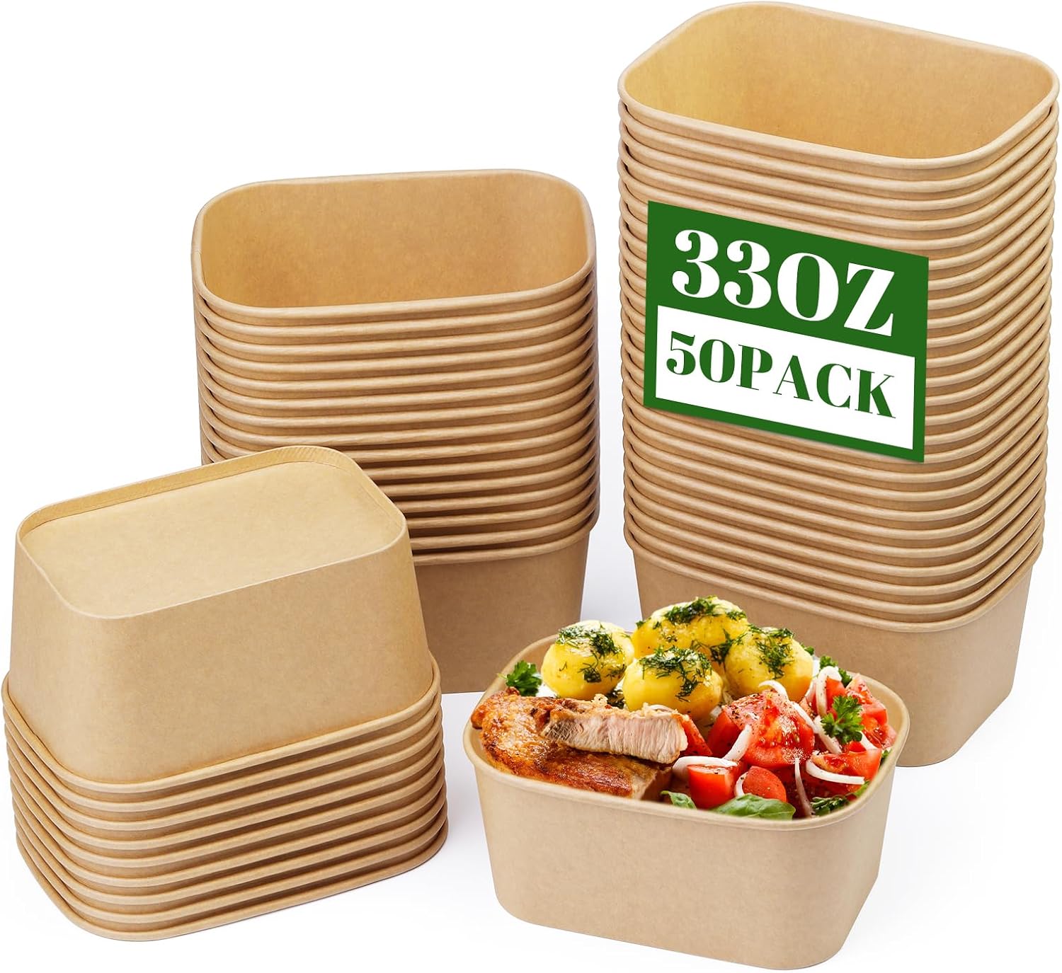 50 Pack 32Oz Large Paper Bowls with Lids Meal Prep Containers