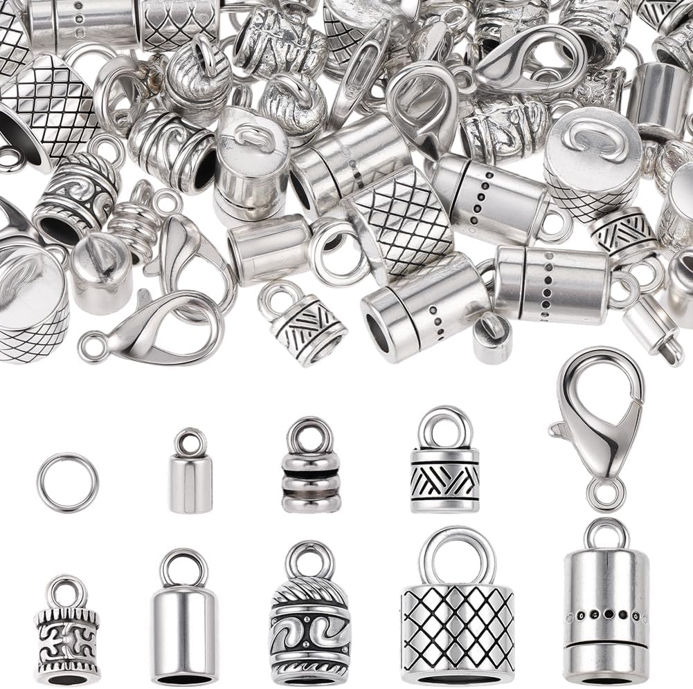 SUNNYCLUE 1 Box 230pcs Leather Cord Ends Kumihimo Cord Ends Alloy Vintage Antique Silver Glue in Crimp End Caps with Lobster Clasps Jump Rings for Jewelry Making Kit Bracelet Accessories Craftings