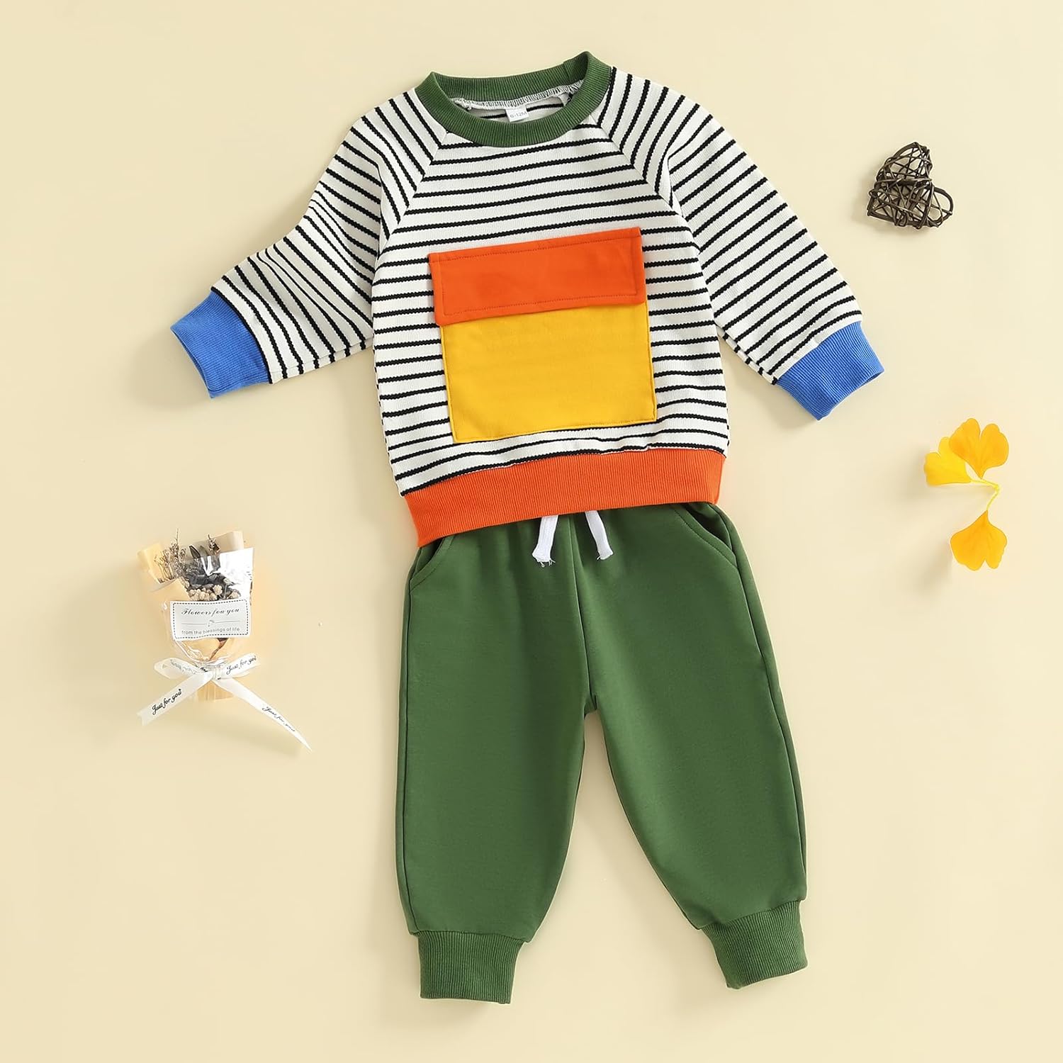 Toddler Baby Boy Outfit Fashion Colorful Patchwork Striped Shirt Sweatshirts Pant Fall Clothes 6M 12M 18M 2T 3T 4T Green 2-3T image 3 of 7 B0FKSRZBNC