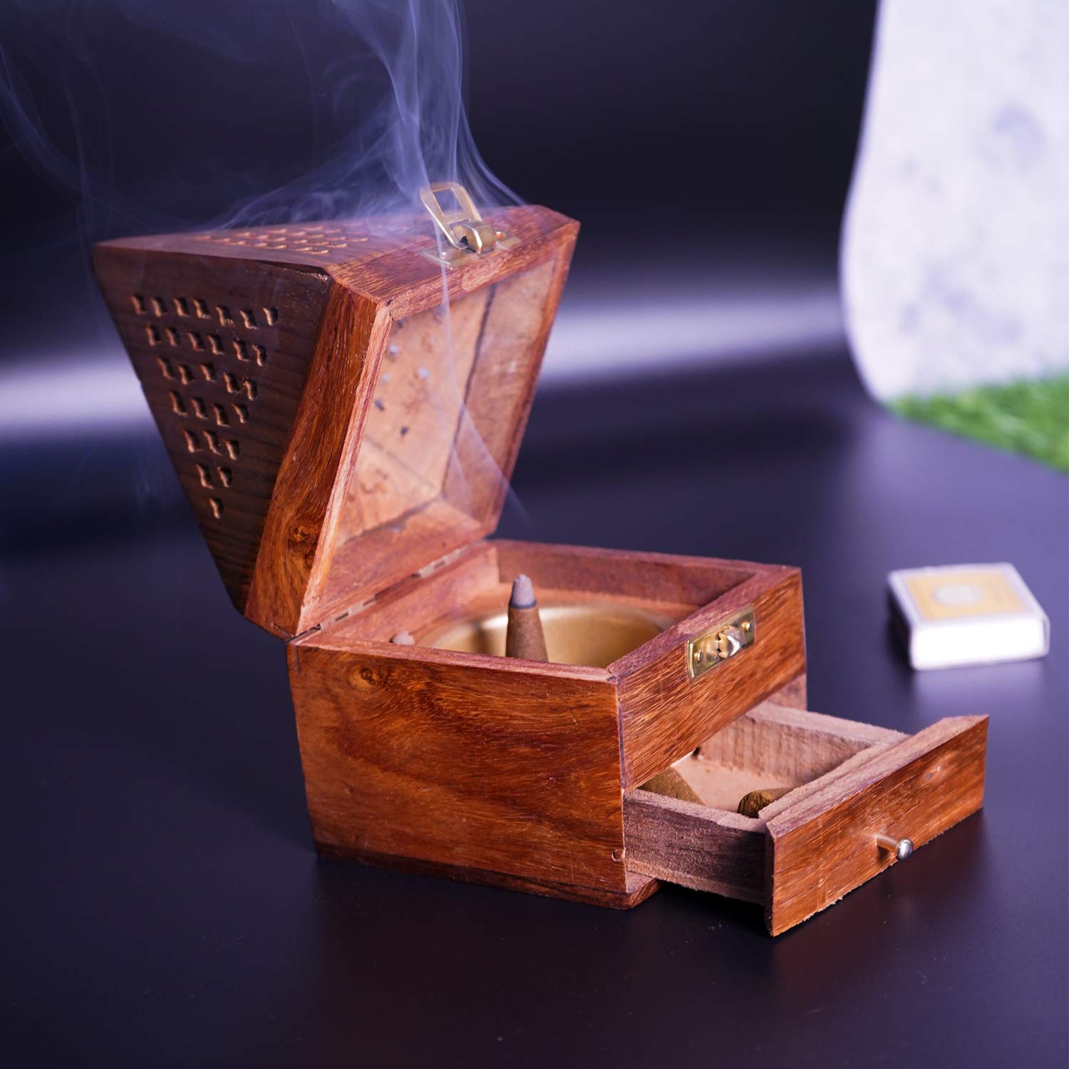 ADA HandicraftSheesham Wooden Incense Box Holder/Dhoop Stand Ash Catcher Agarbatti Stand with Ash Catcher Handmade Fragrance Wooden Holder - Medium (8.5 x 8.5 x 16cm)(Conical)