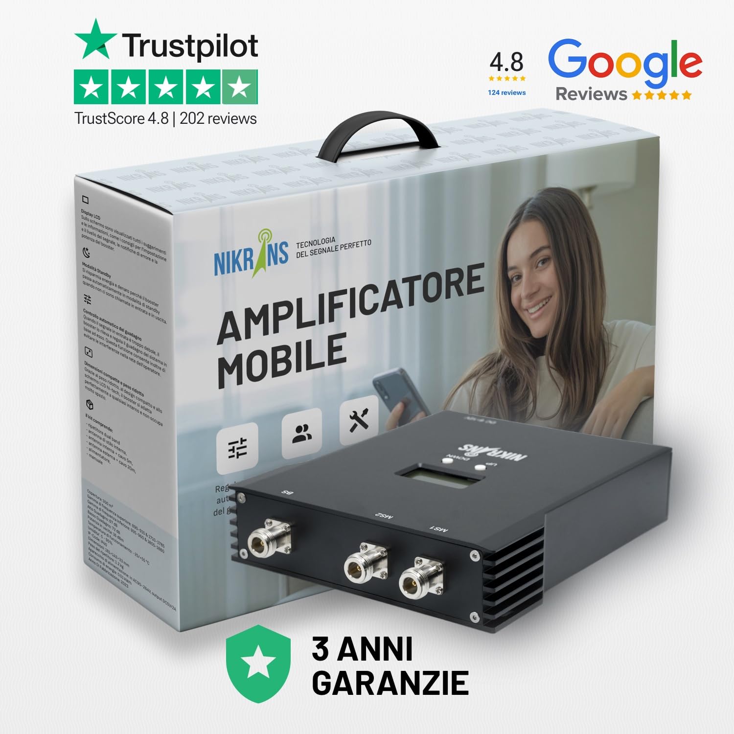 Amplificatore Segnale Cellulare Banda 1/3/8 (900/1800/2100 MHz) - Ripetitore Segnale Cellulare per Operatori Europei Tre, TIM, Vodafone, Iliad - Amplificatore Data & Call Casa/Ufficio