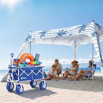 Sekey Heavy Duty Beach Wagon with 9" Big Sand-Proof Wheels and Beach Shade Sun Shelter UPF 50+ 8.2x8.2 FT Portable Beach Canopy with Windproof Rope & Stability Poles
