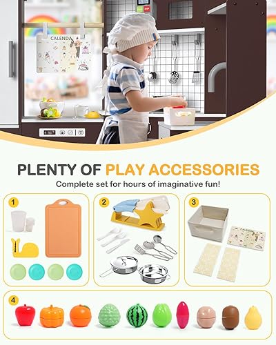 Vista 4 de Babytronic Juego de Cocina de Juguete de Madera de Esquina para Niños con Luces y Sonidos, Set de Cocina de Juguete con Estufa, Microondas, Máquina