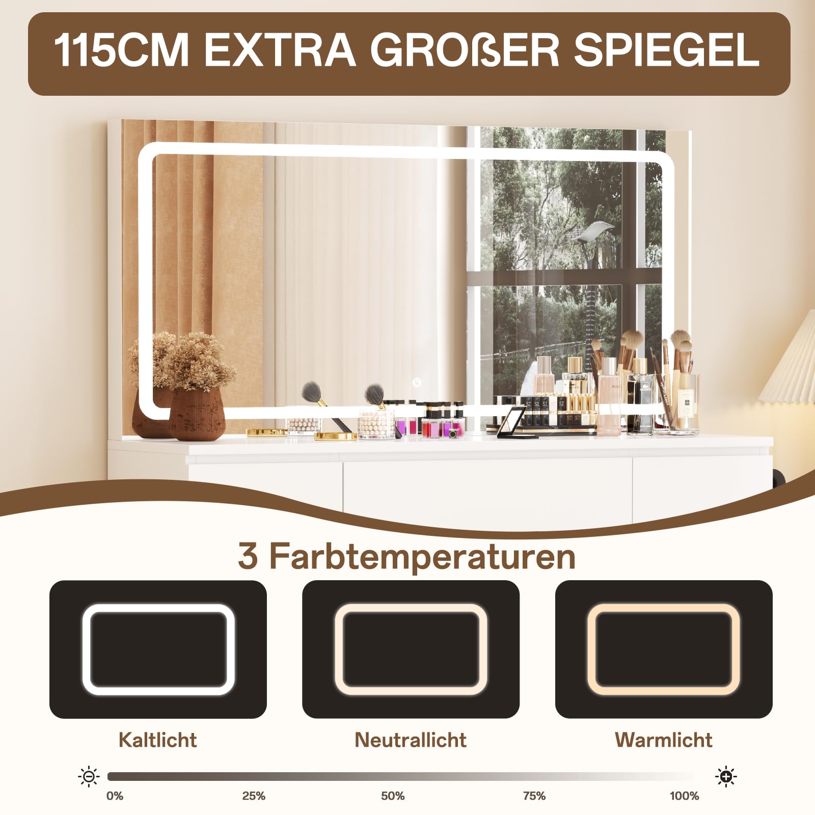 TRIUMPHKEY Schminktisch Groß mit Spiegel und LED Beleuchtung 115cm,Farbtemperatur Einstellbar, 7 Schubladen Schminktisch mit Steckdose Dressing Table mit Hocker,115x40x139cm,Weiß