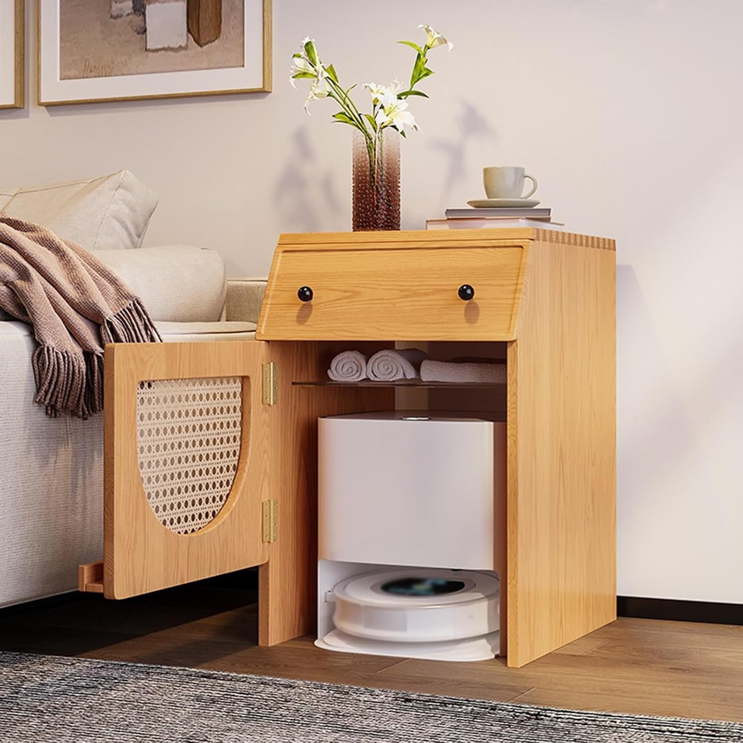 Sweeper Robot Storage Cabinet Sweeper Organizer Sweeping Robot Shelf Solid Wood Sweeper Robot Cabinet Sideboard Storage Cabinet Sweeper Organizer(Cherry,C-48x70x53cm)