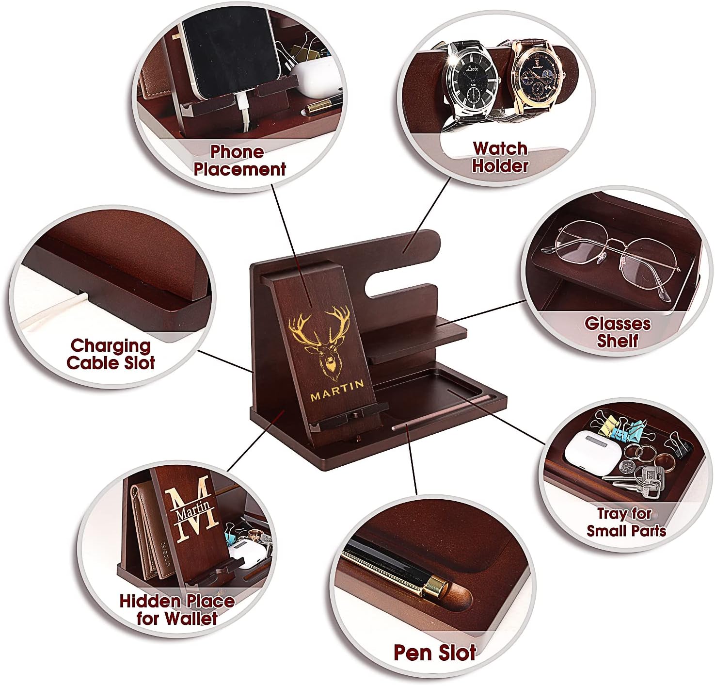 Personalized Gifts Wood Phone Docking Station Nightstand Organizer - Multiple Style Options - Gadgets For Men Husband Boyfriend Dad Son Grandpa Groomsmen - Birthday Anniversary Fathers Day Christmas