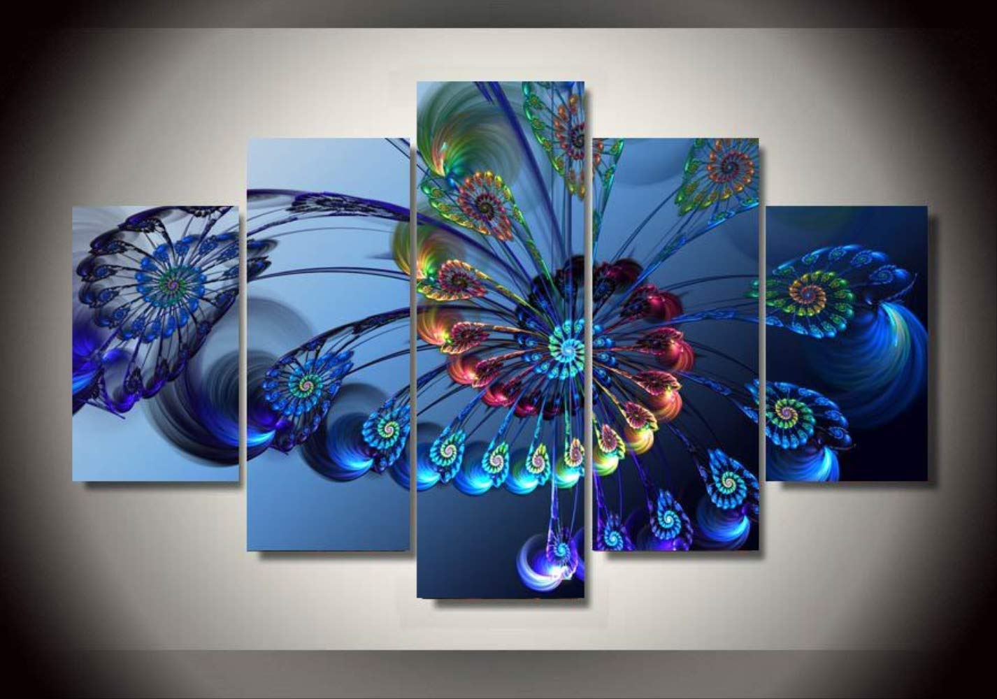 Toile murale art image salon chambre décoration peint coloré plume de paon 5 pièces