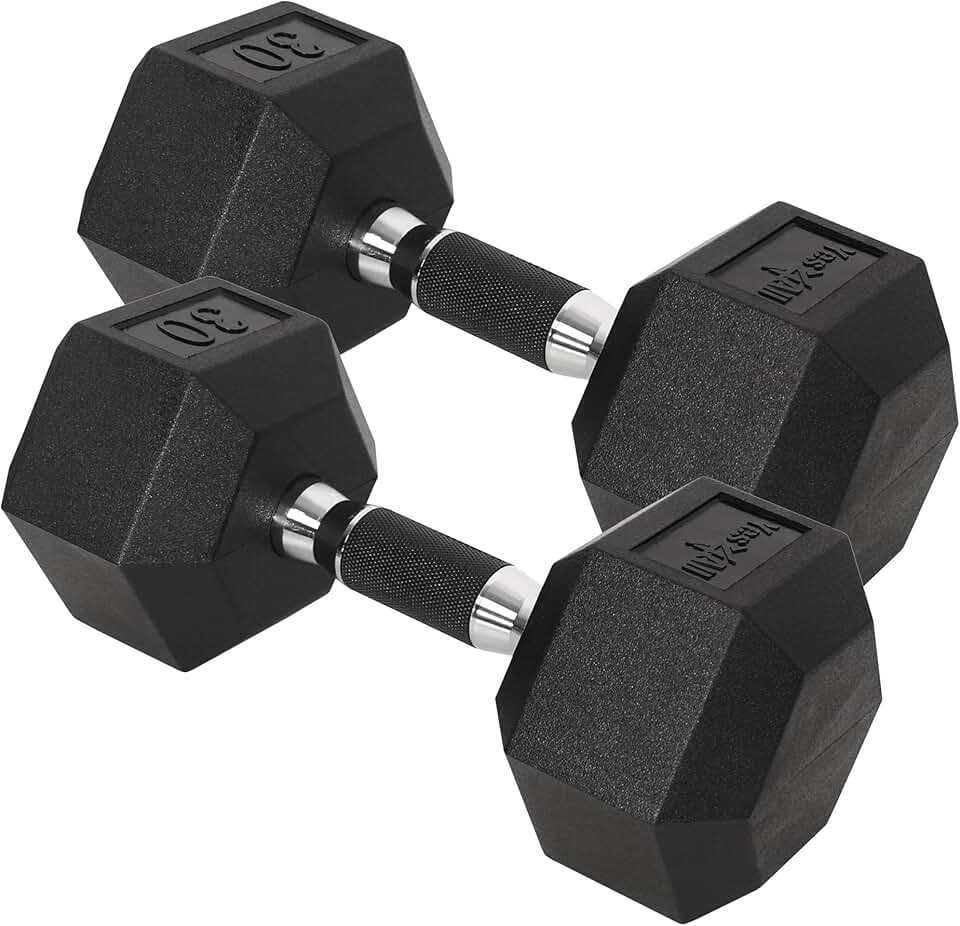 Yes4All Haltères hexagonales recouvertes de poignée en chrome/caoutchouc – Poids à main avec paire antidérapante de 4,5 à 13,6 kg