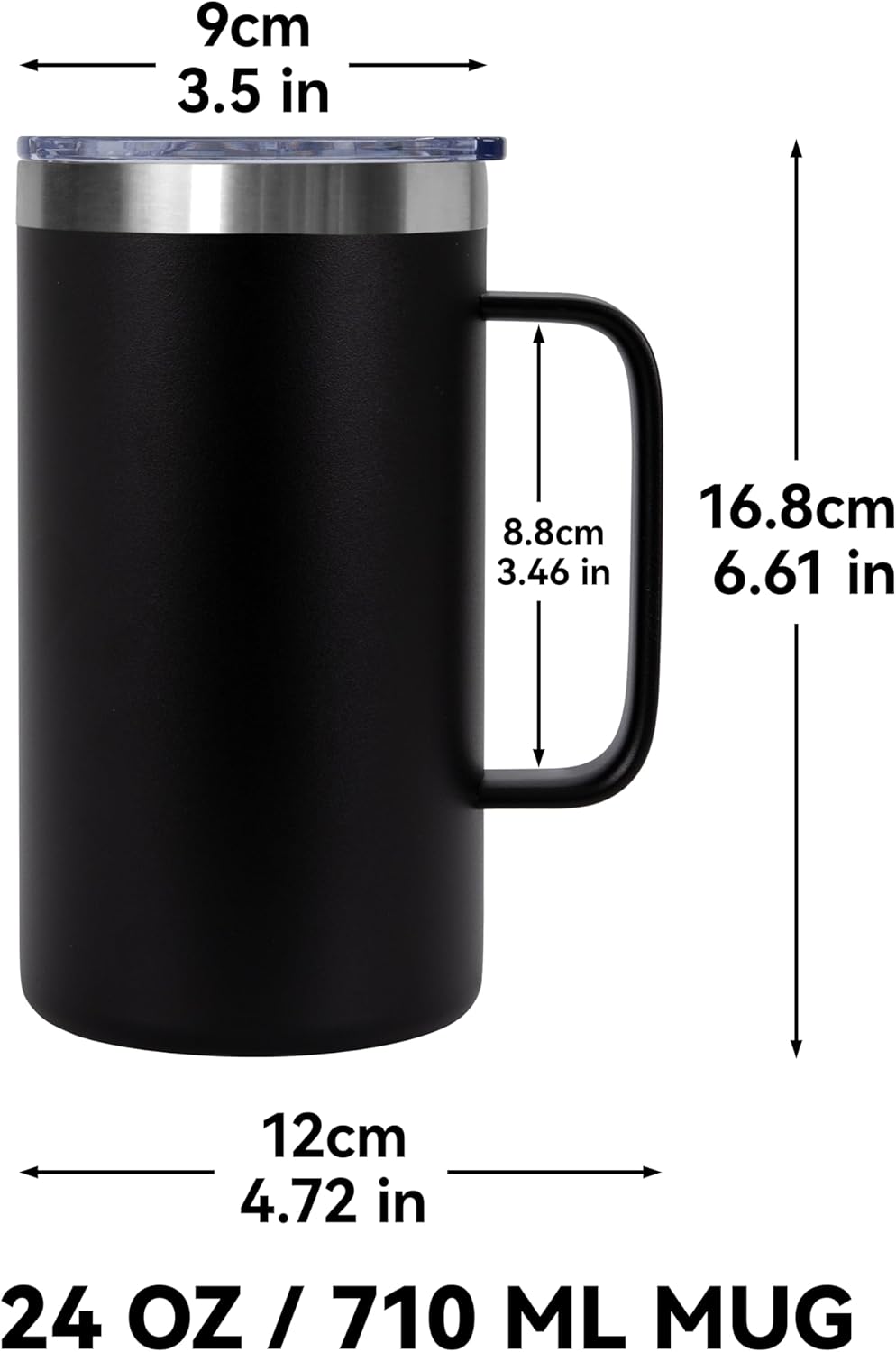 DOMICARE 24oz Mug with Handle and Lid, Stainless Steel Coffee Mug, Travel Mug with Handle, Double Wall Vacuum Coffee Tumbler, Reusable Insulated Cup, Black, Pack 8 - Image 4