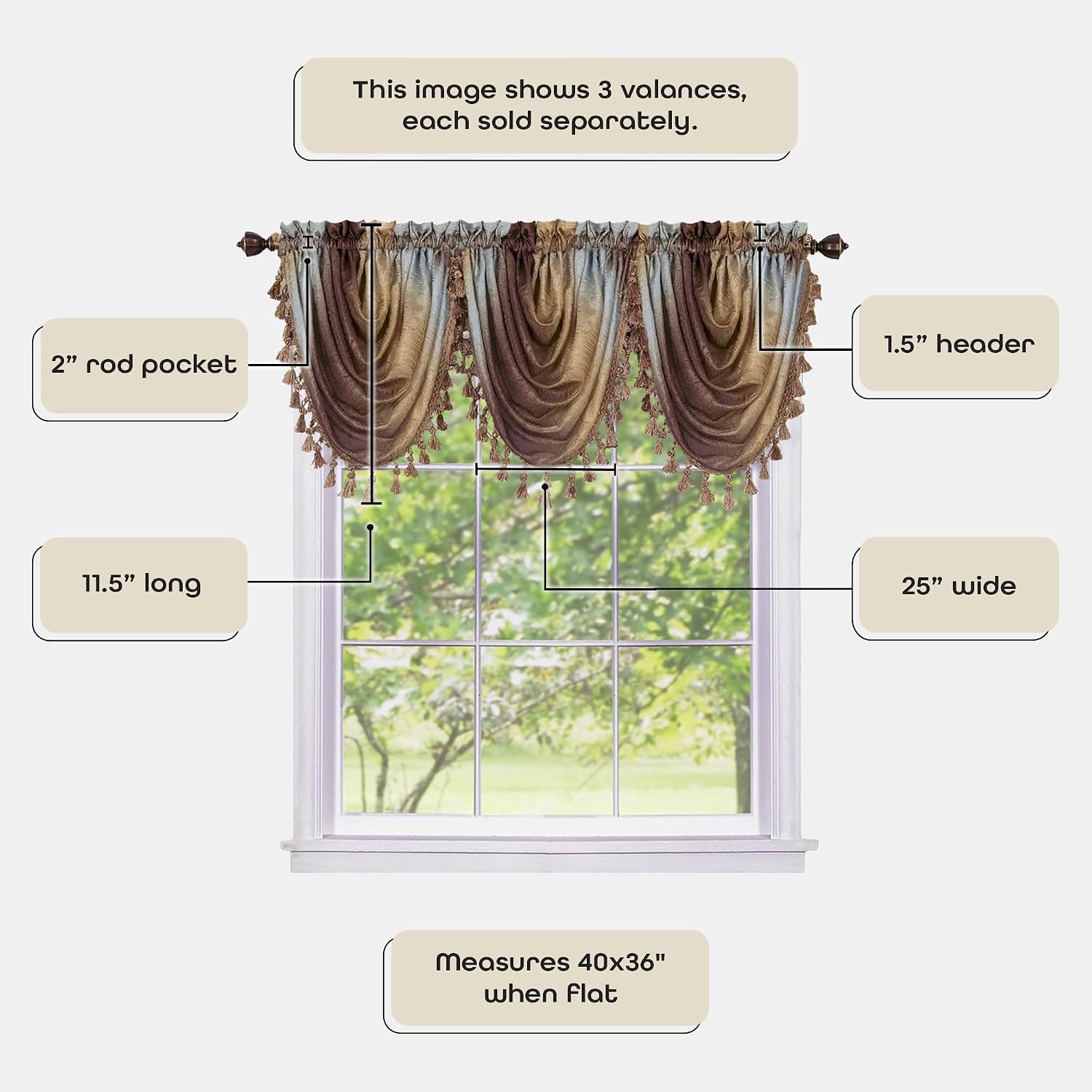 ACHIM Soft Waterfall Valance Window Curtains - 46 Inch Width, 40 Inch Length - Ombre (Chocolate) - Light Filtering Decorative Polyester Drapes for Bedroom Living & Dining Room Home Decor