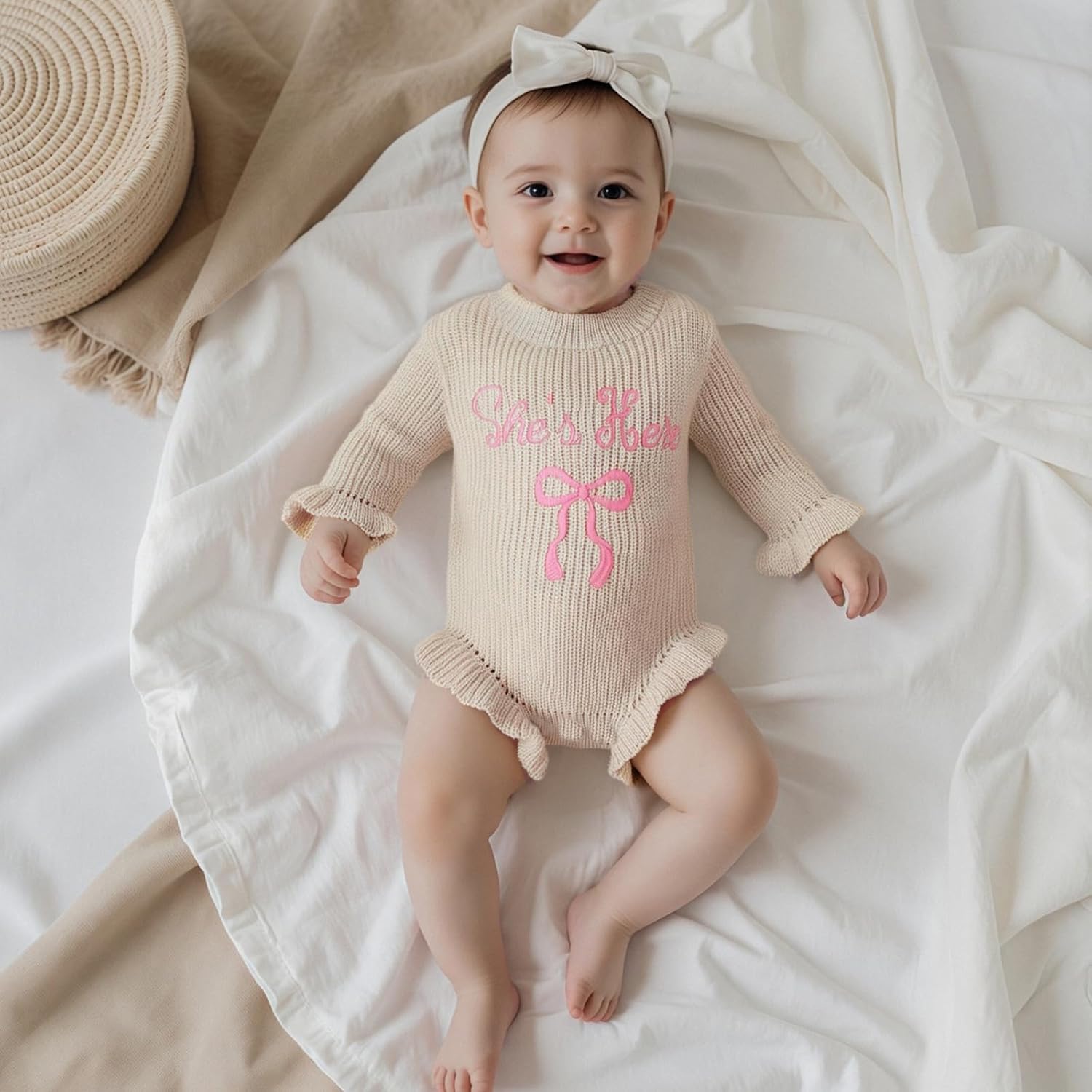 fhutpw Newborn Baby Girl Knit Sweater Romper Long Sleeve Letters Embroidery Onesie Infant Fall Winter Clothes - Image 2