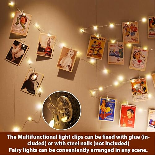 Miniatura 2 de HXWEIYE Warm White Photo Clips String Light, Timer & 8 Modes, 33Ft 100LEDs Battery Powered Fairy Light with 52 Clear Clips & 12 Hooks on Wall for