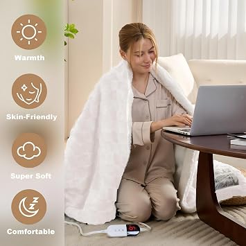 Heated Throw Electric Blanket 50x60,6 Heat Levels 1-4H Auto Off,White | Fast Heating, Soft Checked Flannel, ETL Certified, FCC Certified, Overheat Protection,Machine Washable, cozy flannel feel
