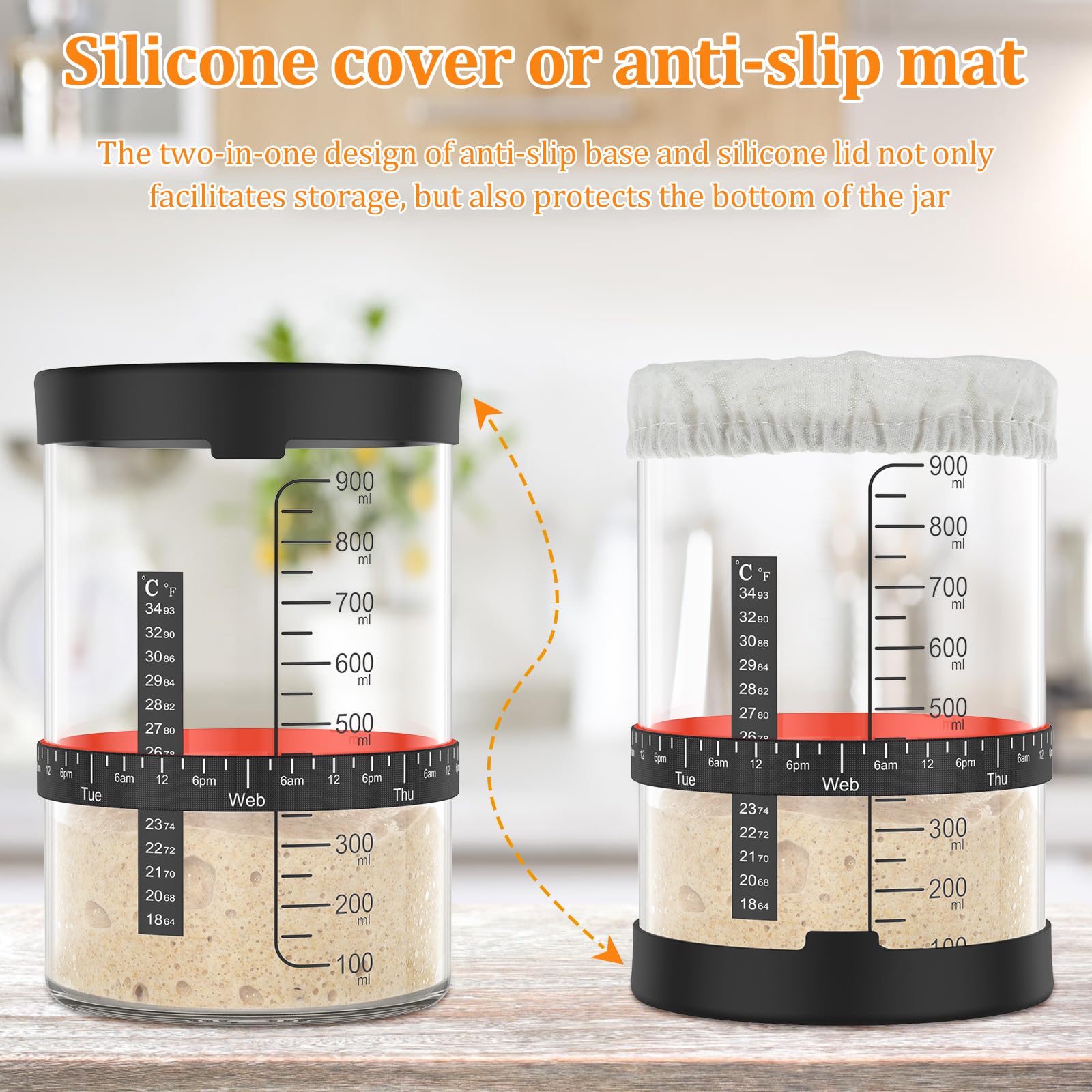 GUIJZSLTRG Starter kit da 5 pezzi, 1000 ml di pasta madre di capacità con coperchio in silicone, barattolo di fermentazione in vetro riutilizzabile a bocca larga con termometro di carta per