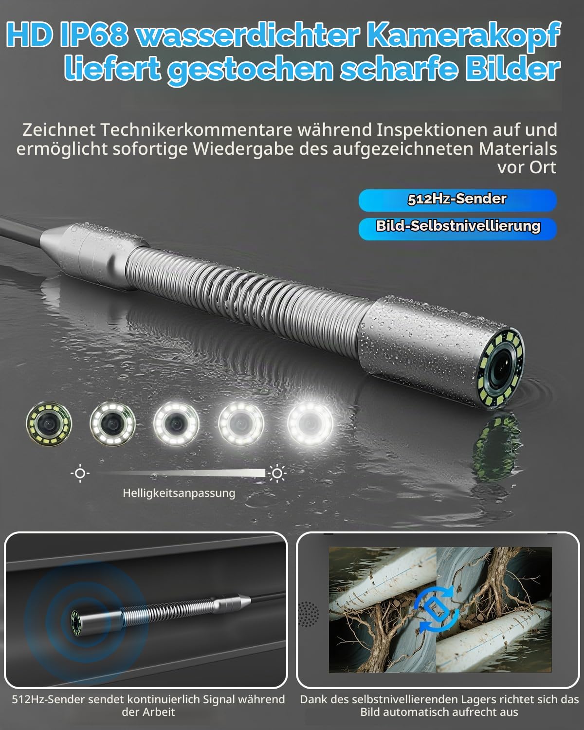 HD Kanalkamera mit Meterzahlangabe, Professionelle Rohrkamera 50m Kabel (7 mm Dickem) mit Selbstnivellierend, 512-Hz-Sender Kamerakopf, Abfluss-Endoskop mit USB-Tastatur und Einziehbarem Griff