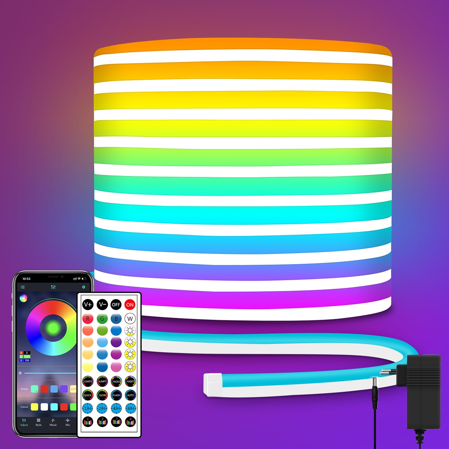 segrass Striscia luminosa a LED al neon, DC 24V 10M RGB Striscia luminosa a LED al neon APP Telecomando flessibile impermeabile Striscia luminosa a LED al neon per camera da letto, stanza dei giochi