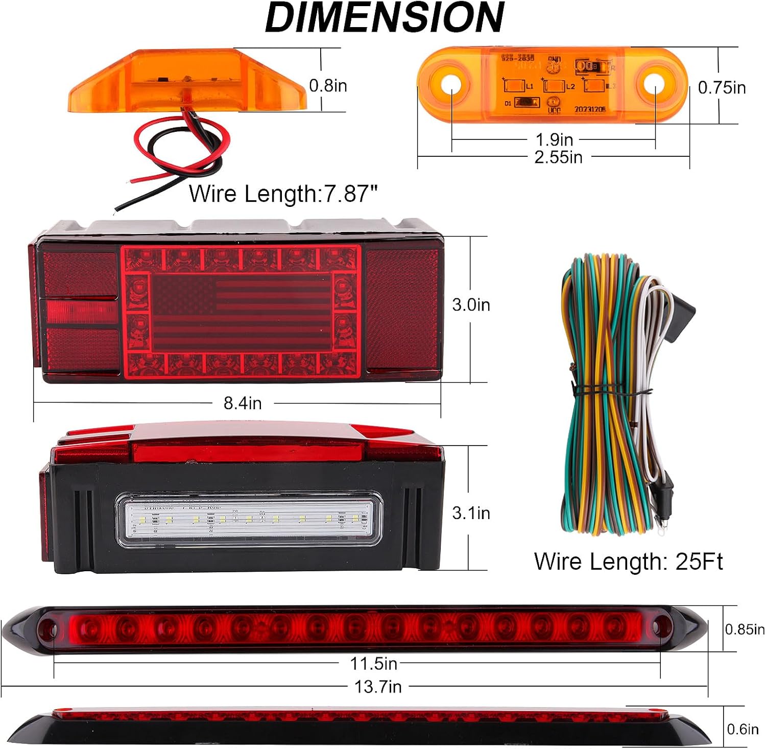 Submersible LED Trailer Light Kit 12V, Rectangular Led Trailer Brake Stop Turn Tail License Plate Lights w/Mini Markers/Tail Strip Bar/25FT Wiring Harnness for Camper Truck RV Boat