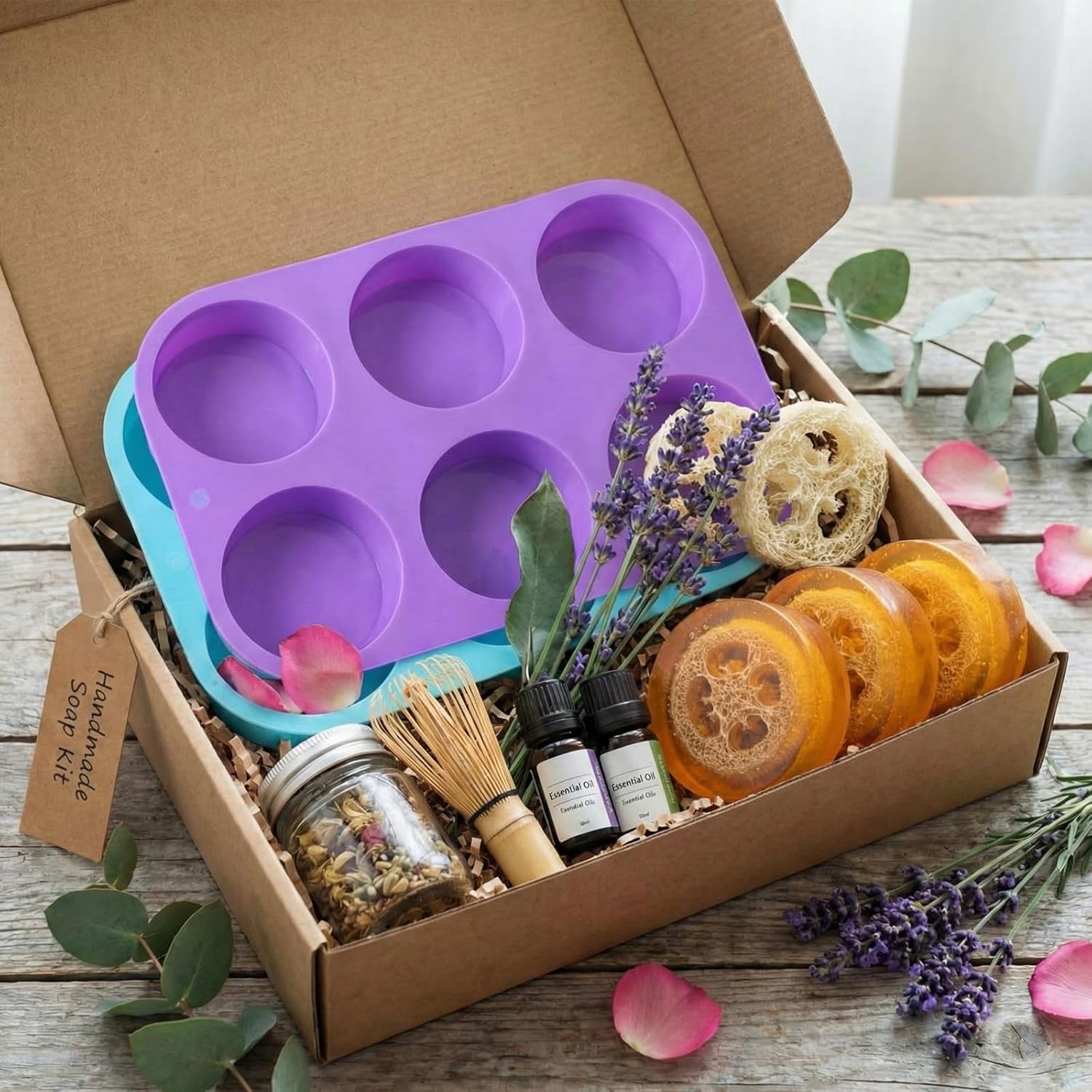 Sliner 4 Pcs 3 Inch Round Silicone Soap Molds & 24 Natural Loofah Sponges, Exfoliating Body Scrubbers for Soap Making, Shower Steamers, Bath Bombs, Lotion Bars - Suitable for Women and Men