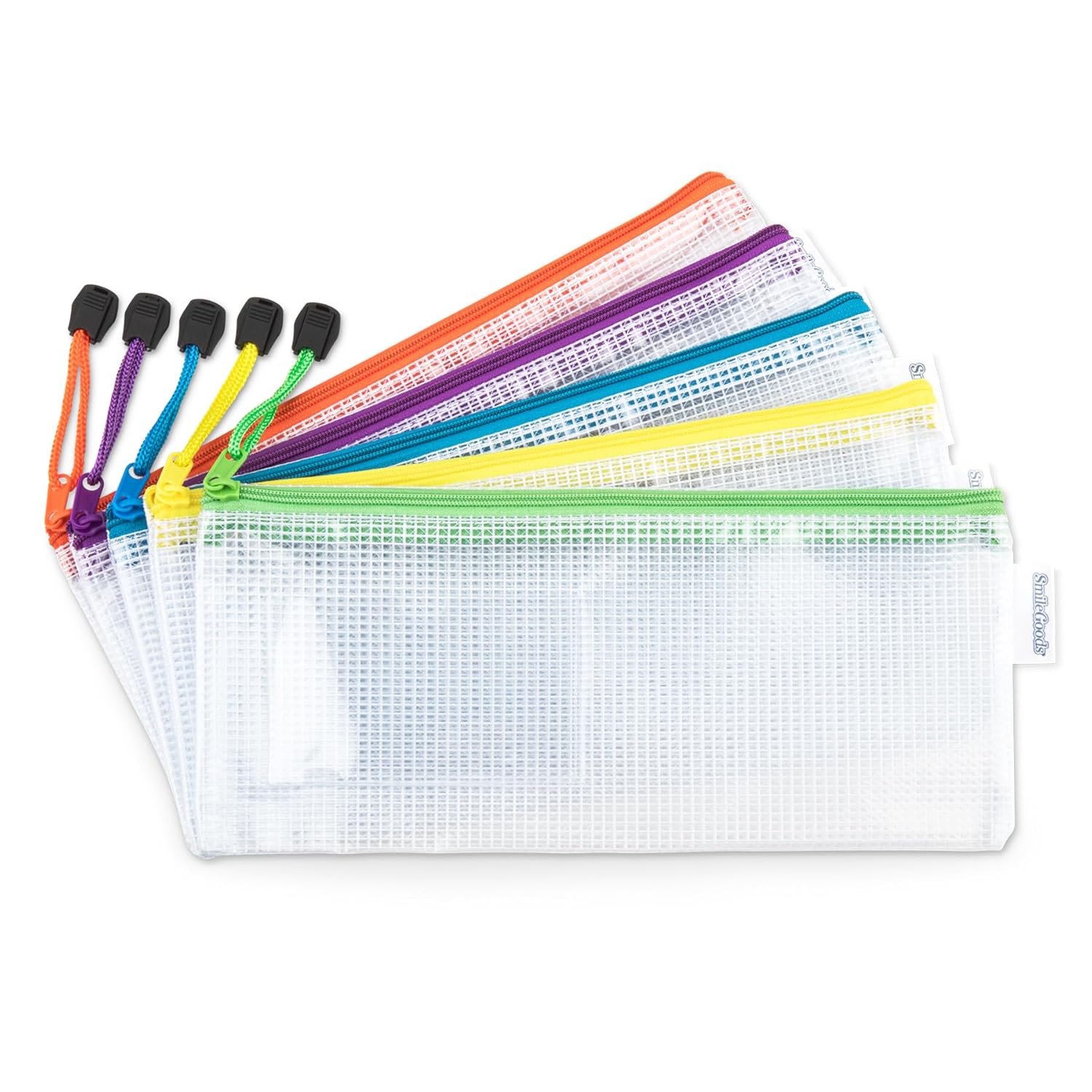 SmileGoods Tuff Stuff Zipper Pouch, 4.5" x 10", Fiber-Reinforced Clear Vinyl, Front Card Slot, Assorted Zipper Colors, Pack of 72