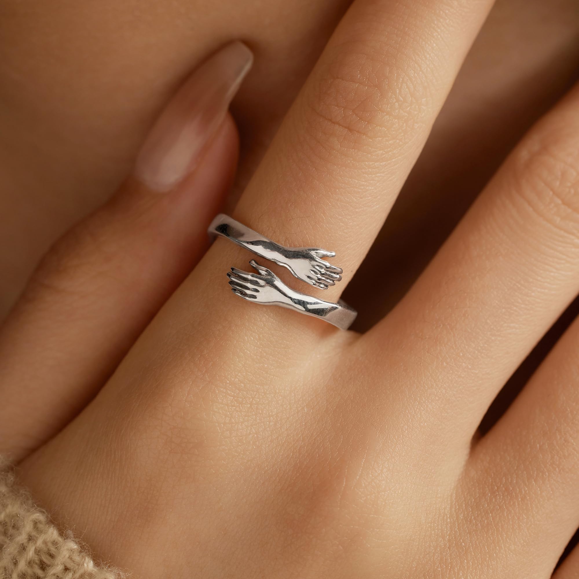 LOVECOM Anillos de abrazo de plata de ley S925 para mujeres, adolescentes, niñas, ajustables, abrazar, anillo abierto para hombres, anillos de promesa, joyas de cumpleaños, regalo para papá, US Size 6