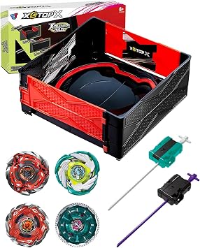 Foldable X-Shaped Battling Arena Set with 4 Spinning X Tops and 2 Launchers