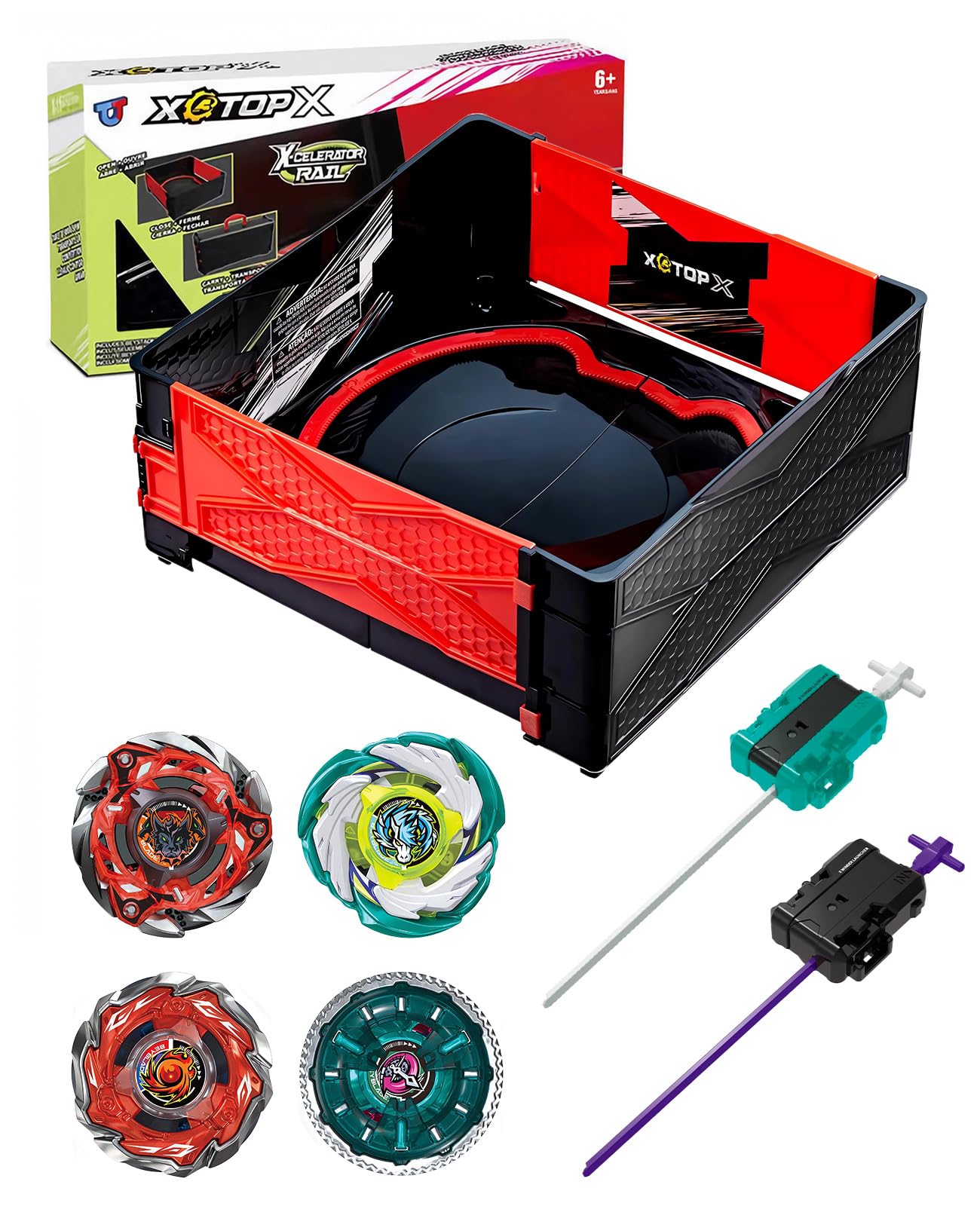 Desamvap Folding Portable X-Shaped Sports Arena Set, including 4 X Spinning Top Toys, 2 Bidirectional Launchers and Combat Arena Game Toy, suitable as a Birthday Gift for Children Aged 6+