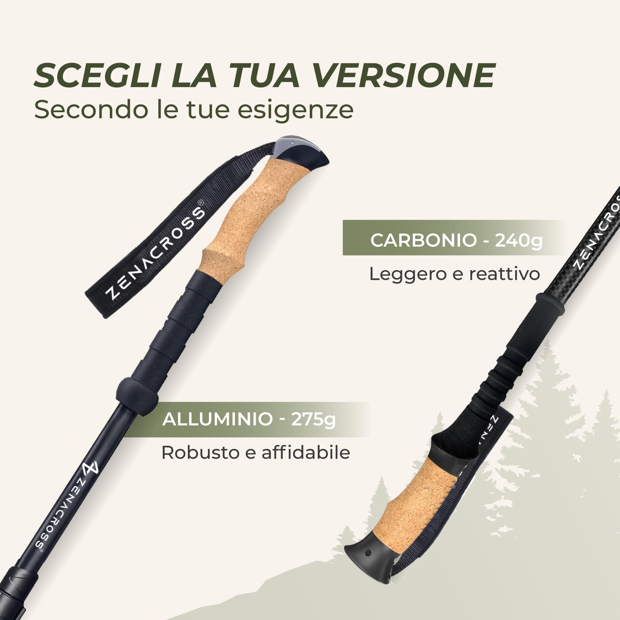 Bastoncini Trekking Telescopici Carbonio o Alluminio - Bastoni Trekking Regolabili per Uomo e Donna, Ultra leggero, con Manico in Sughero Naturale