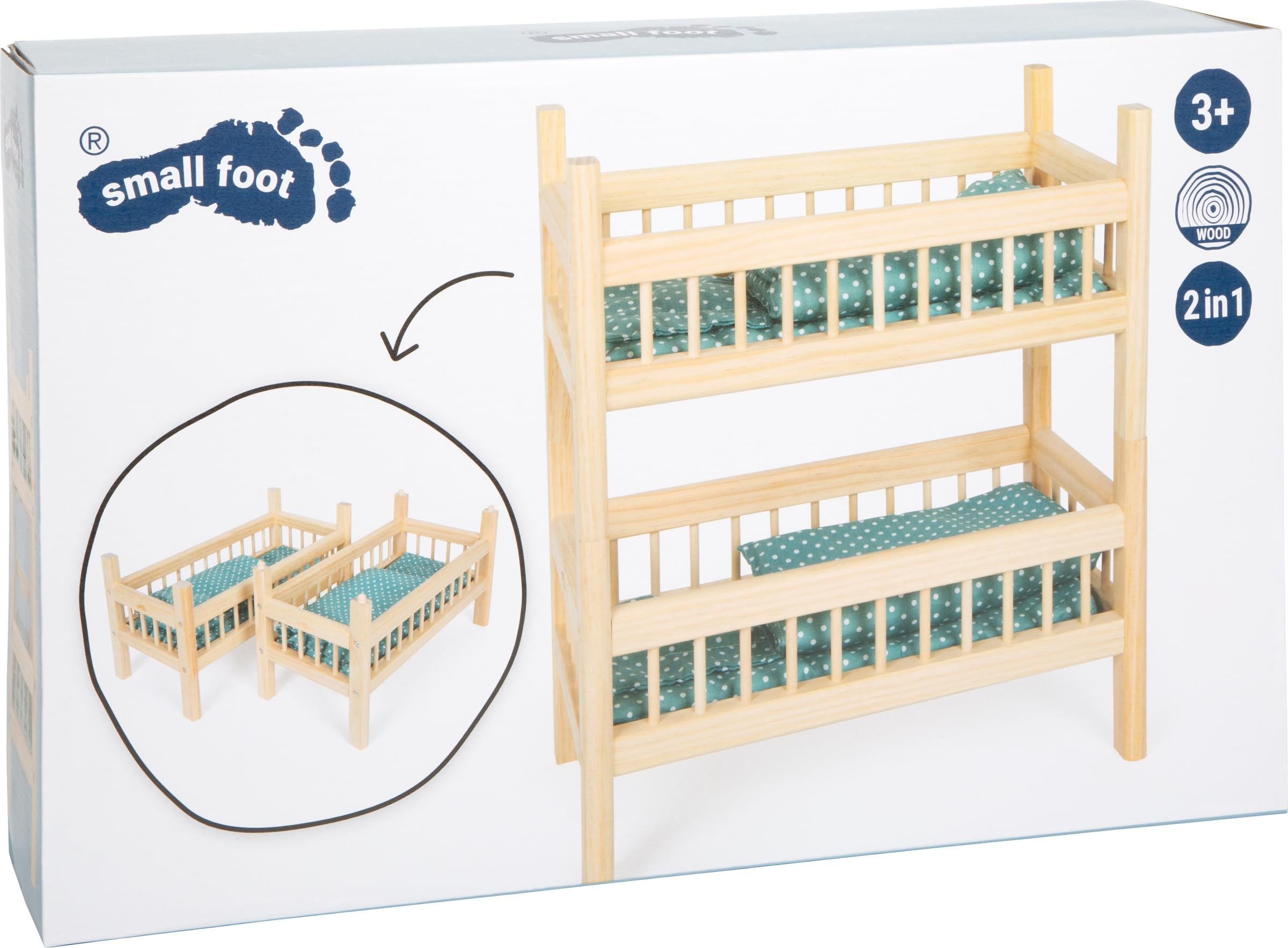 Small Foot Cama Alta muñecas Natural, Madera 2 en 1 Ropa de Cama niños de 3 años, 12822