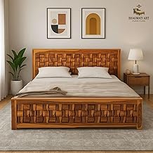Sheesham Wood Queen Size Bed with Box Storage Wooden Double Bed Cot Bed Furniture for Bedroom Living Room Home (Honey Finish)