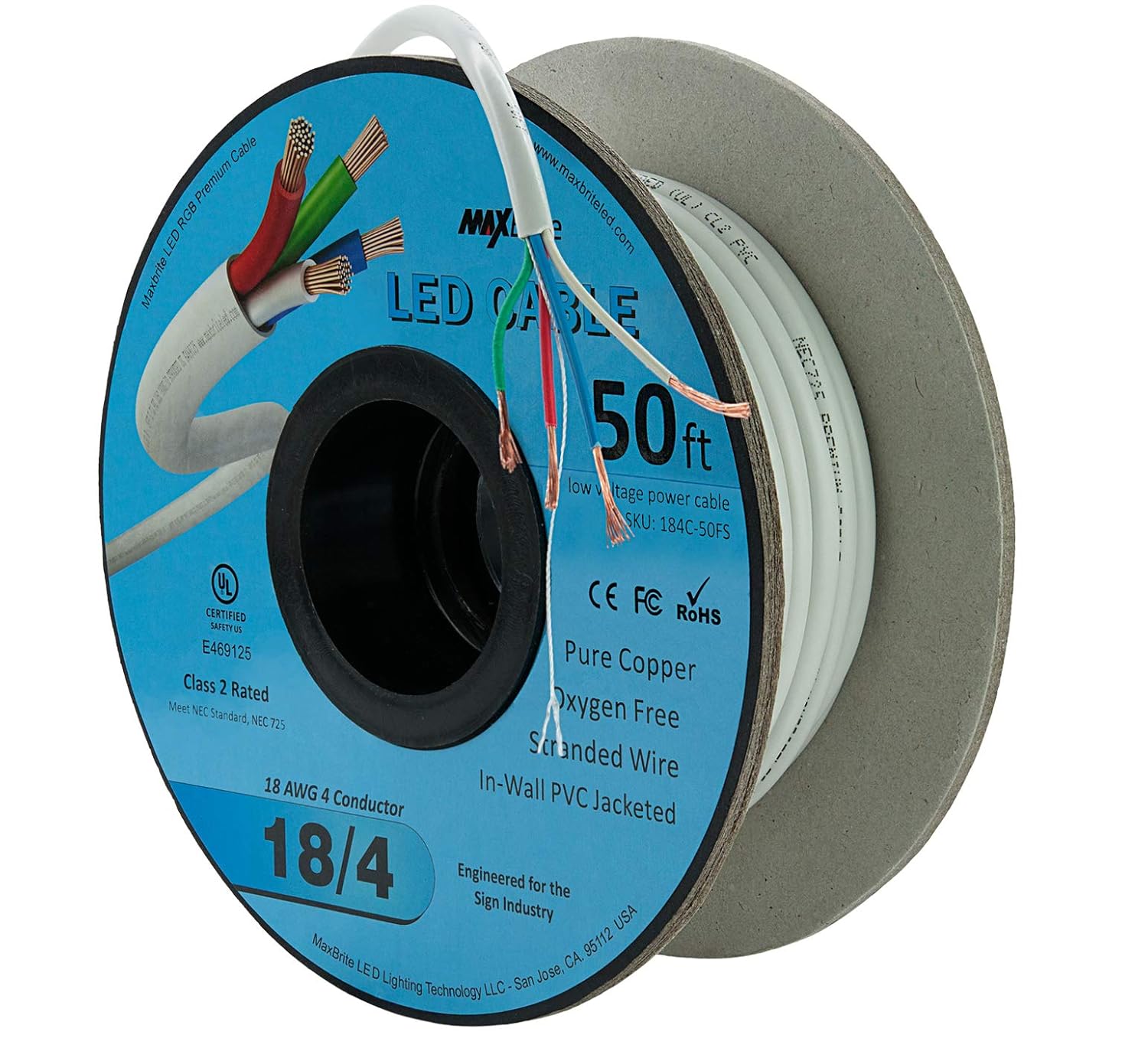 LED Cable 4 Conductor Jacketed In-Wall Speaker Wire UL/cUL Class 2 (100ft. Spool)