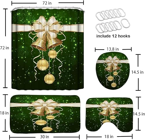 Miniatura 2 de Juego de 4 cortinas de ducha de Navidad con diseño de copo de nieve, fondo rojo, decoración con alfombras antideslizantes, tapete en forma de U,