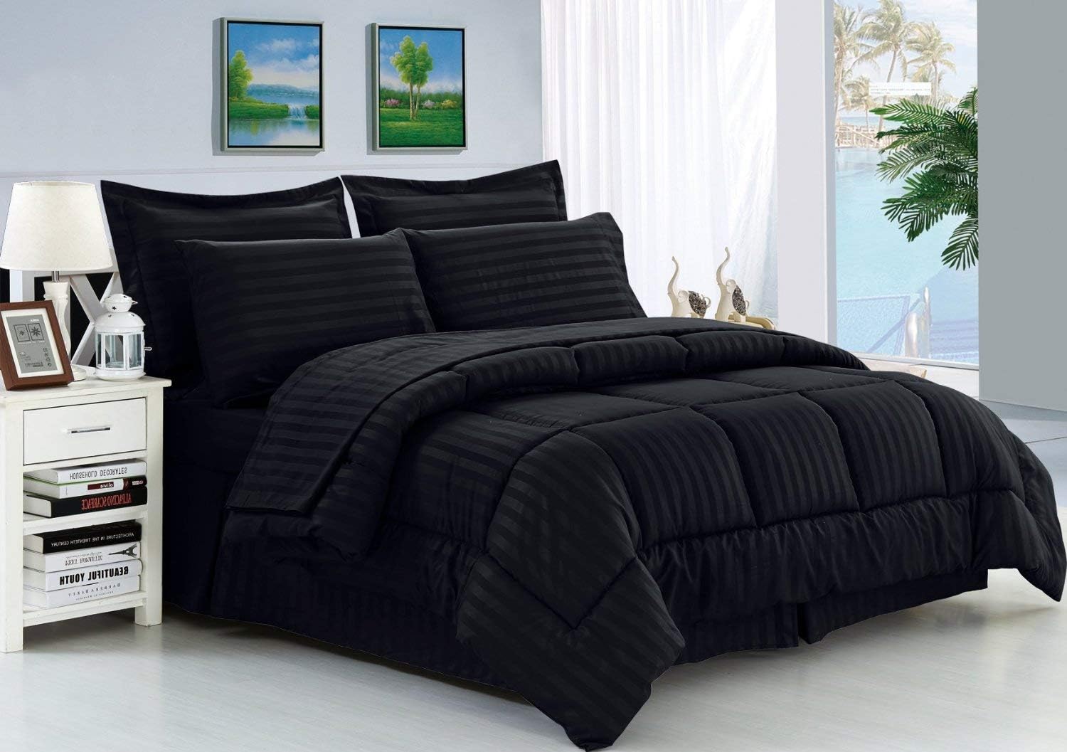 Hotel Quality Stripe 1 Piece Comforter Luxurious & Soft 300 GSM 100% Egyptian Cotton Winter Warm - Machine Washable 1200 Thread Count Pattern Stripe (Queen Black,Stripe)