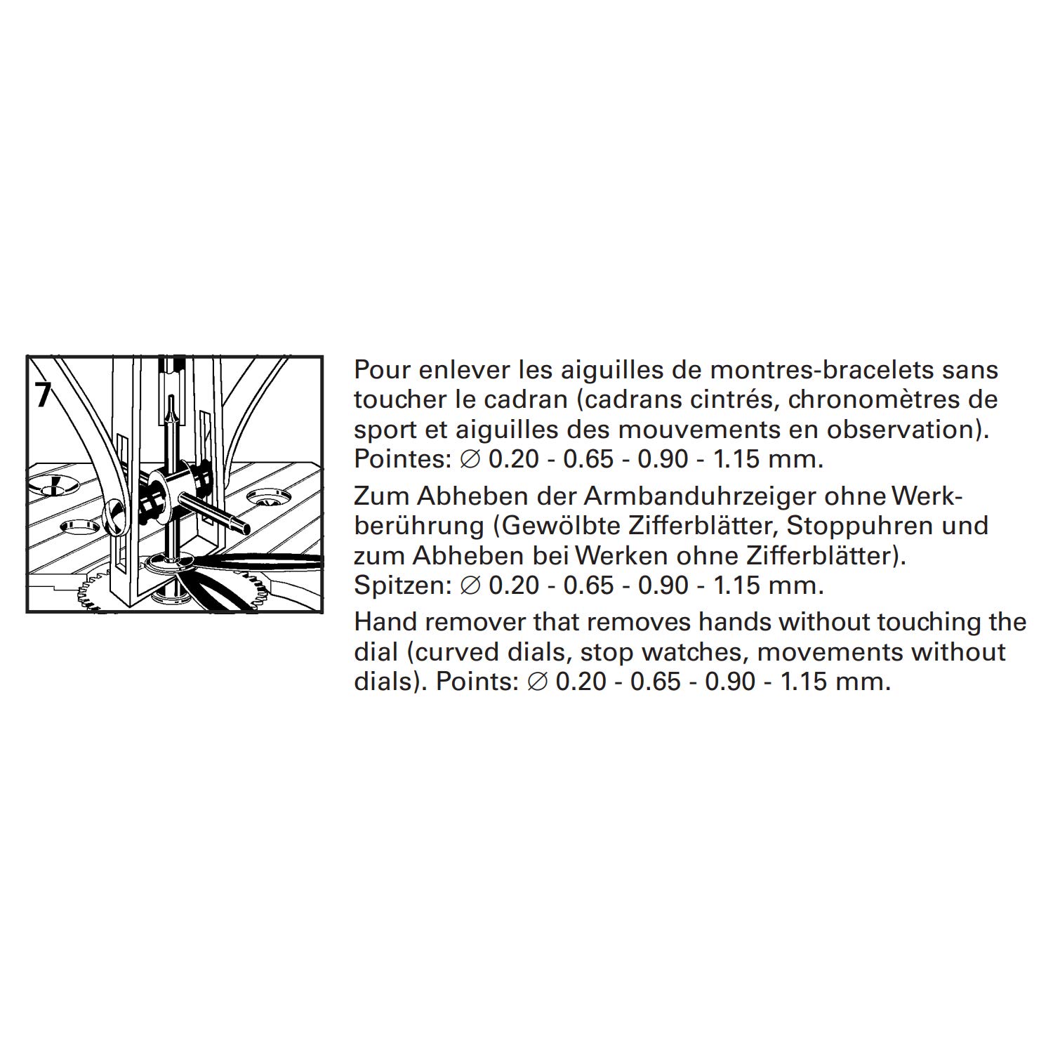 BERGEON 30671-7 Forme 7 - Pour aiguilles de montre - Avec 4 mandrins de support rotatifs (Ø 0,4-0,65-0,9-1,15 mm) - Convient pour les montres - Manche orange - 4263007