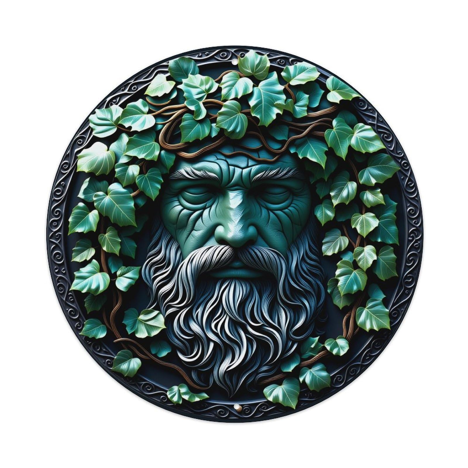 Green Vine Wreath Bearded Face Circular Design Round Vintage Tin Sign,Retro Wall Art,Metal Poster for Home, Bar, Garage, Cafe, Rustic Indoor & Outdoor Decor, 8x8 Inches