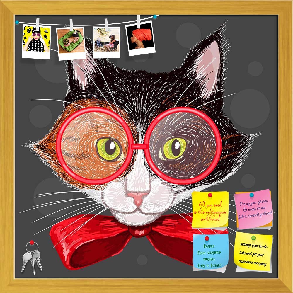 ArtzFolio Calico Cat in Red Glasses & A Bow | Bulletin Board Notice Pin Board | Vision Soft Board Combo with Thumb Push Pins & Sticky Notes | Golden Frame | 16 x 16 inch (41 x 41 cms)-image-26