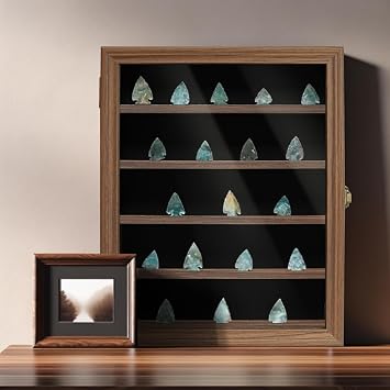 ASmileIndeep Arrowhead Display Case Holder, Lockable Native American Arrow Head Display Frame Box Cabinet Rack with HD Tempered Glass and Removable Shelves for Arrowheads Collection, Rustic Brown
