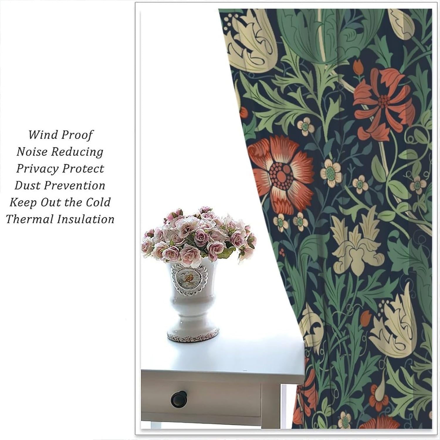 Vintage Plant Blackout Curtains for Kitchen,William Morris Style Old Country Elegant Plants Flowers Leaves Window Drapes Print for Boys Girls Bedroom Living Room 42x45in