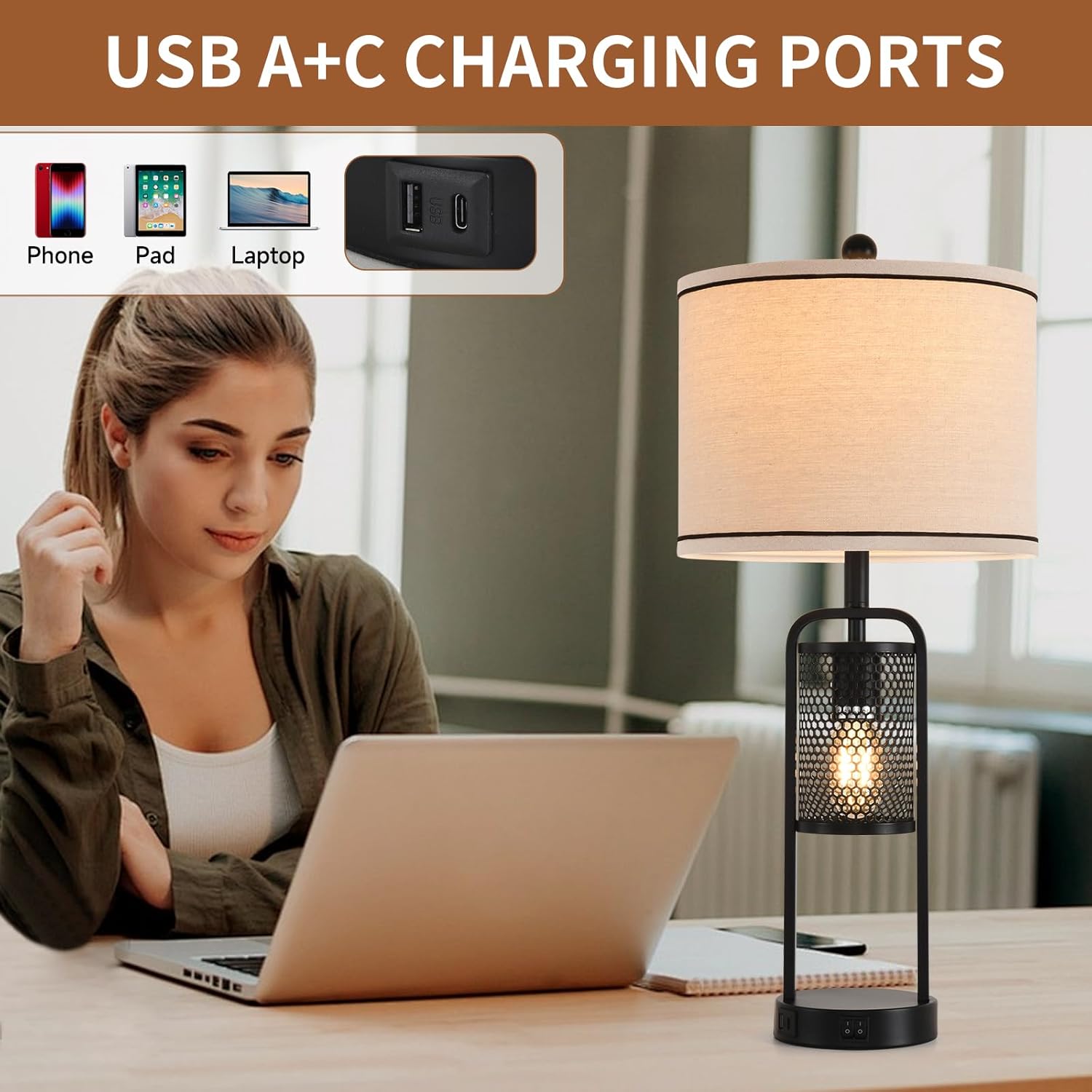 Lamps for Living Room Lamp Set 2 Bedroom Lamps Modern Metal Industrial Design Night Light with USB Port,Linen Lampshade,Bulb,Black