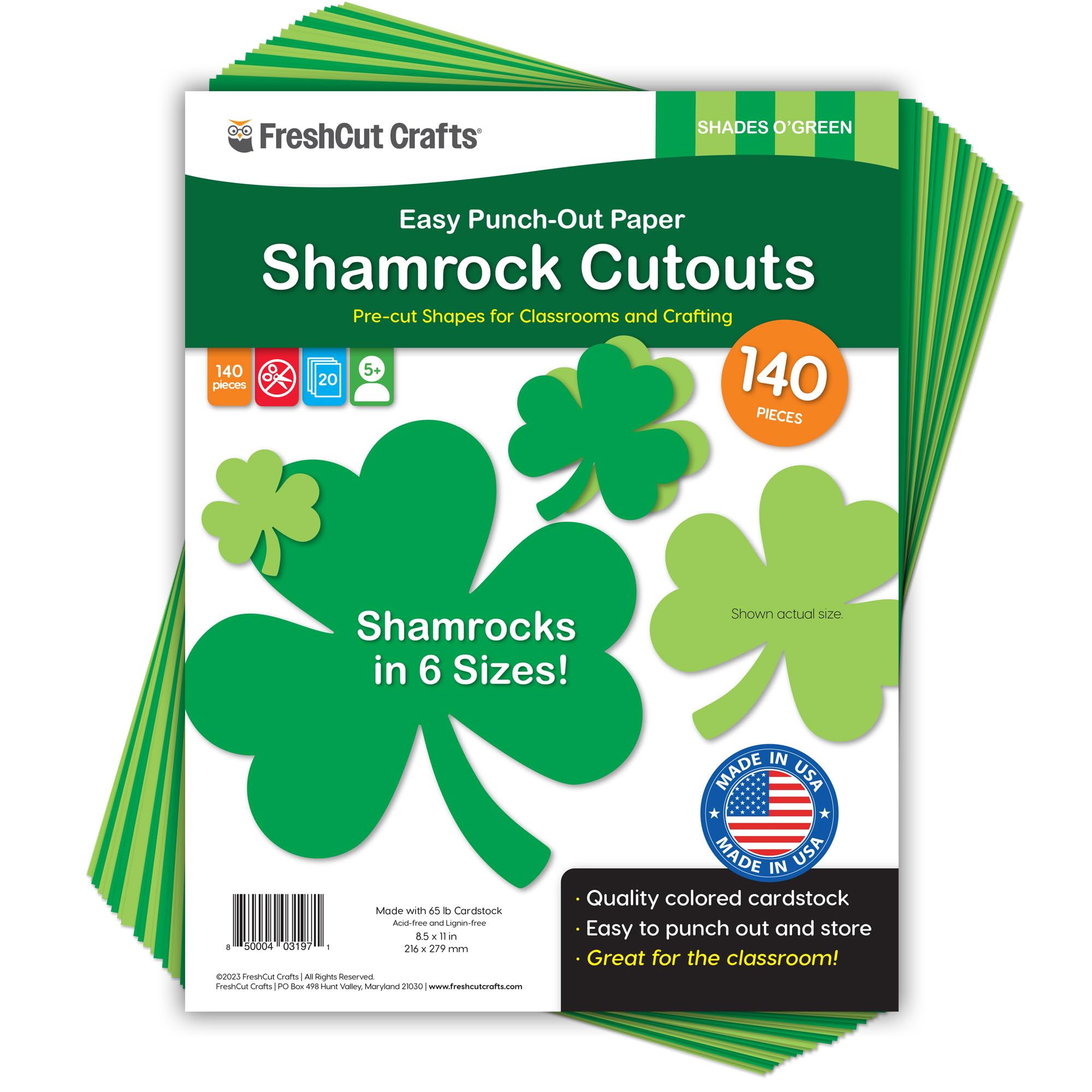 140 Piece Shamrock Cutouts Set: Pre-Cut Green Irish Clover Shapes for School Supplies, Decorating Themed Events Bulletin Board & St. Patrick's Day Decor, US Made Quality Card Stock