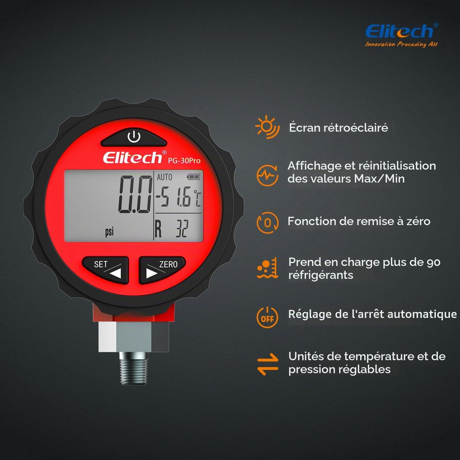 Elitech PG-30Pro Manomètre Numérique Réfrigérant avec Rétroéclairage, Manifold Gauge Pour 87+ Réfrigérants 0-500 PSI 1/8 NPT