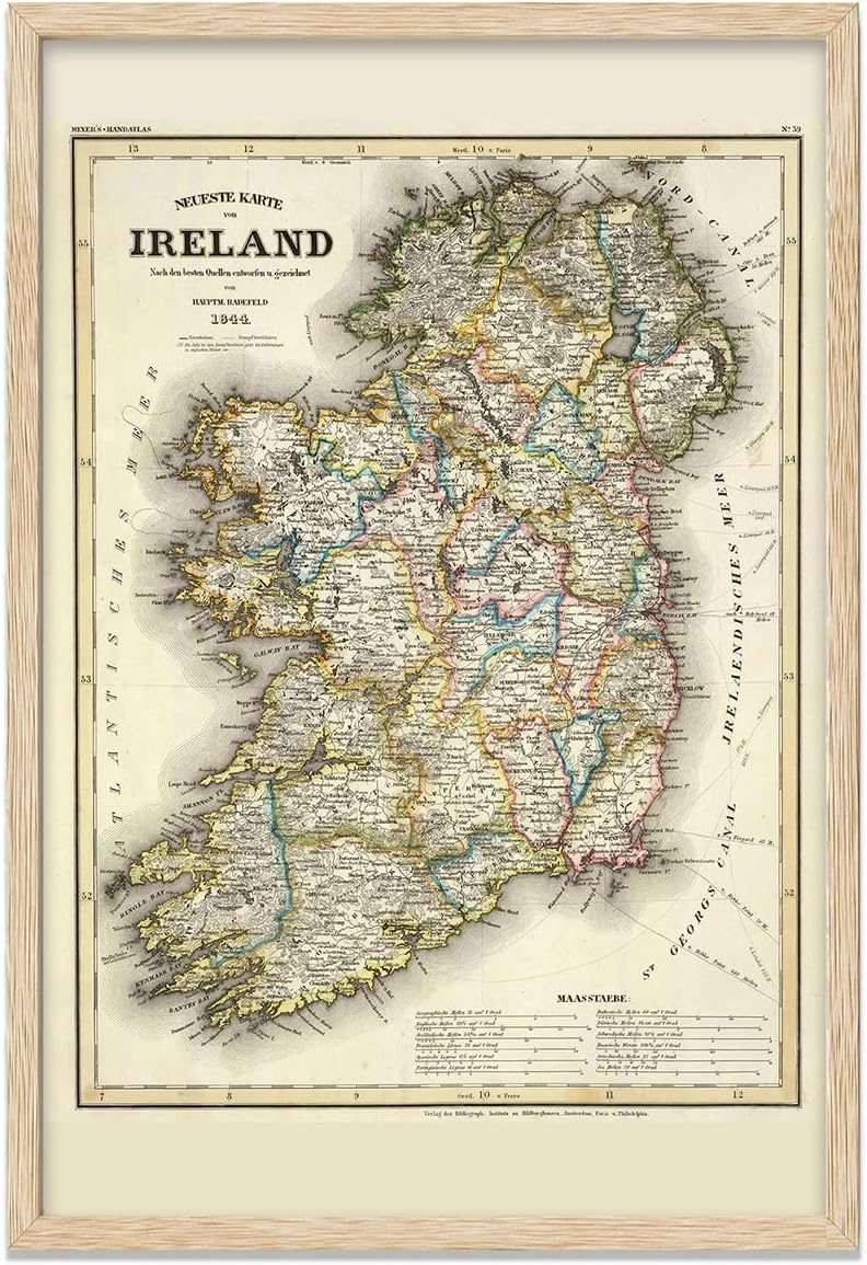 1844 Ireland Map 11x14 Framed Poster, Vintage Antique Cartography, Historical Irish Counties Decorative Wall Art, European Geography Decor, Irish Heritage for Genealogy & History Buffs, Collectors