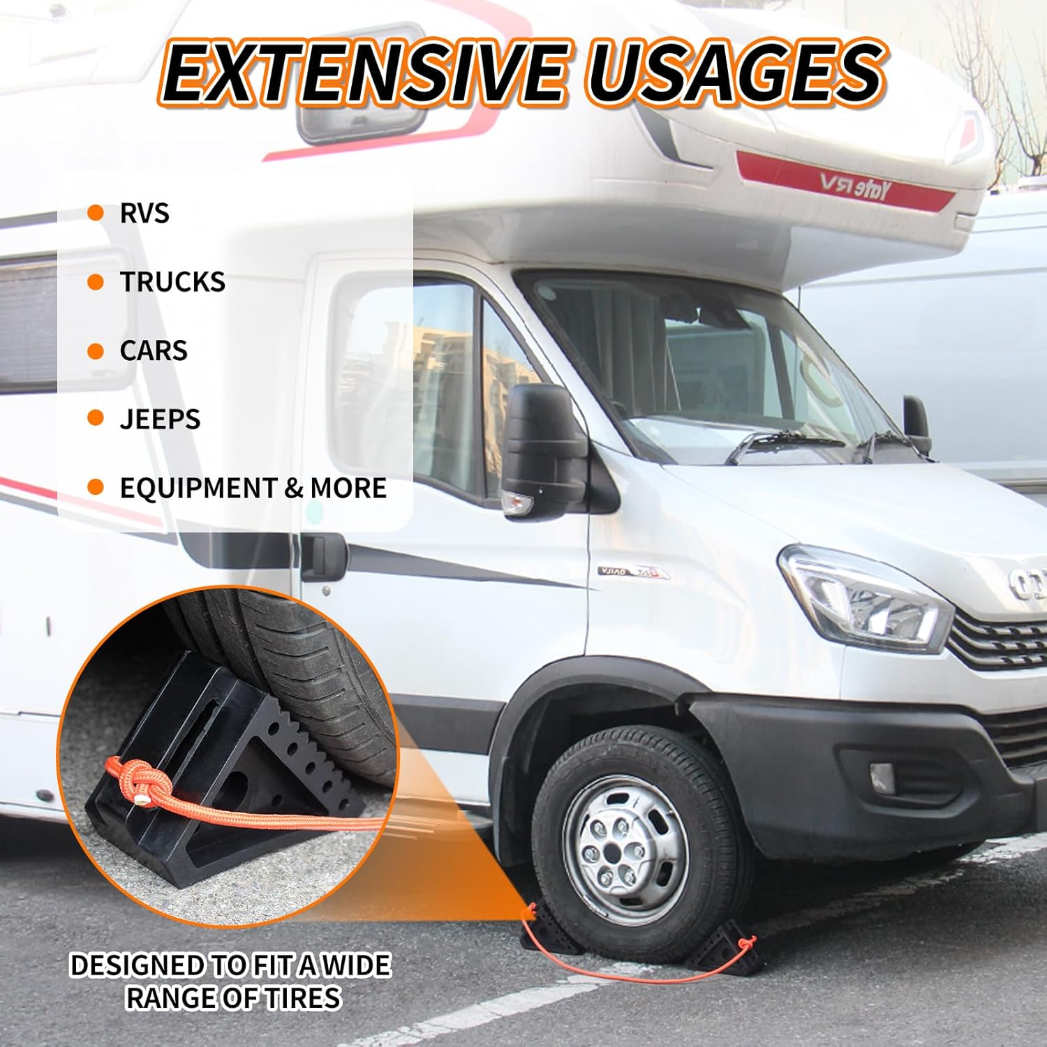 OULEME Premium Rubber Wheel Chocks with Carry Handles, Solid RV Tire Chocks for Camper, Travel Trailer, Trucks or ATV, Stable and Durable, 8.5" x 4" x 6" (4-Pack)