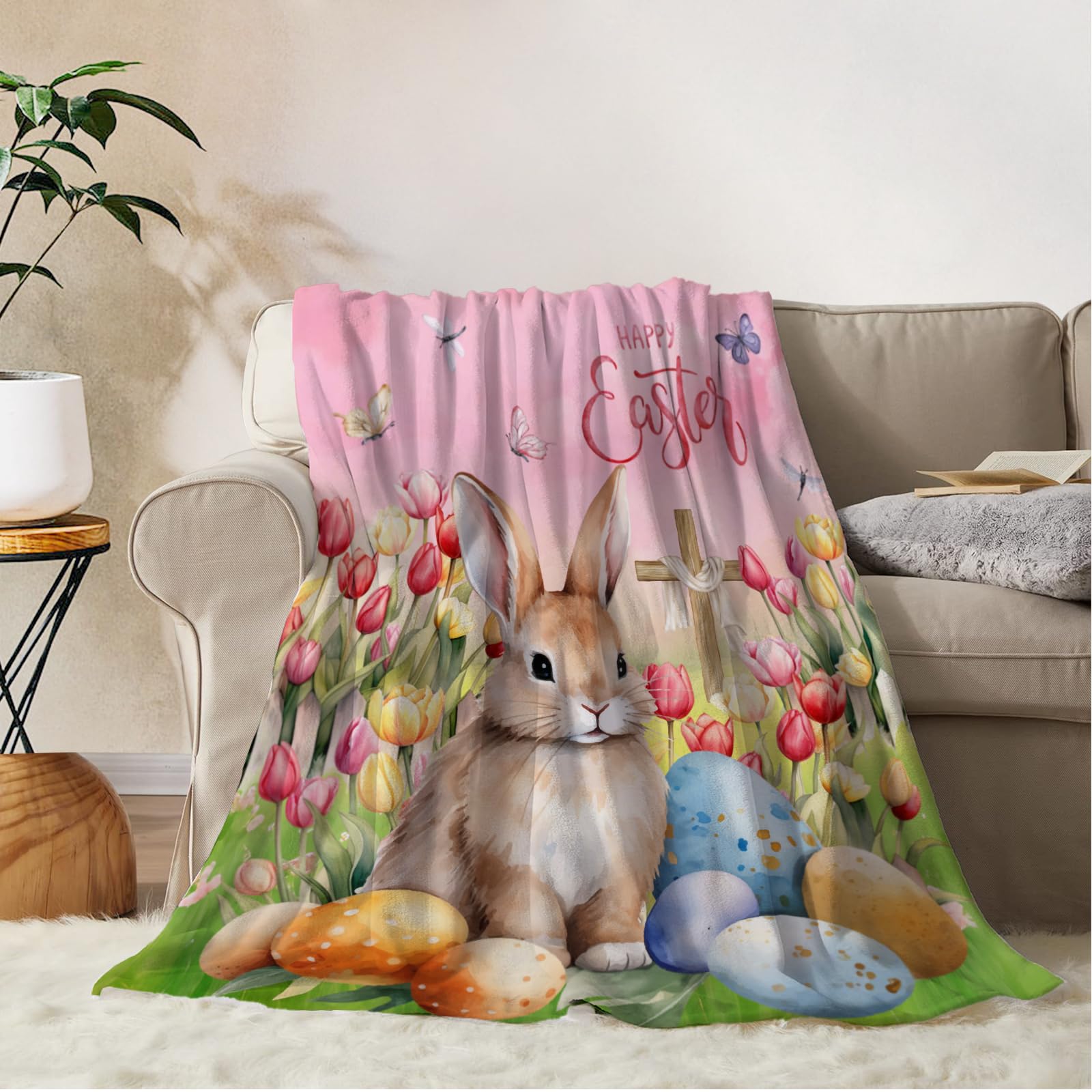 YeeJu Easter Throw Blanket 50x60 Pink Easter Rabbit Bunny Egg Blanket Throw Blanket for Couch Sofa Bed Soft Cozy Fuzzy Plush Fleece Blanket Cute Spring Holiday Decorative Throw Blanket 50 by 60